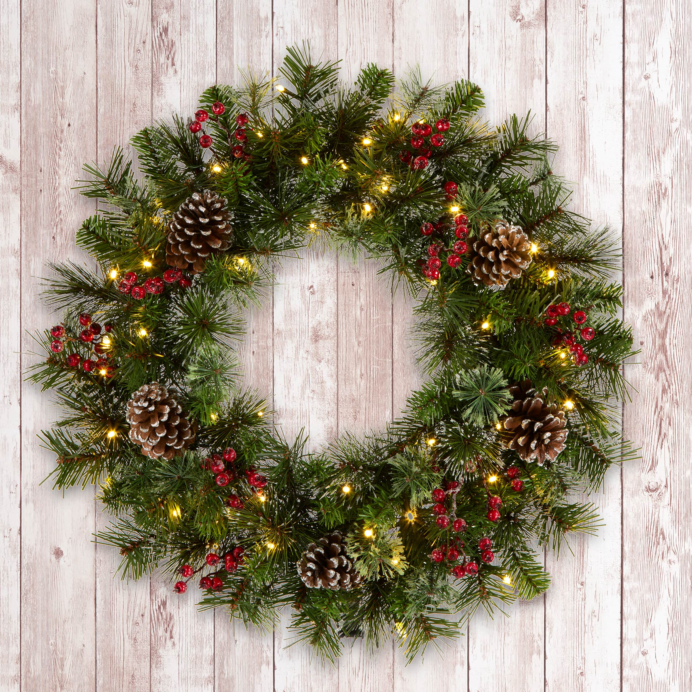 24&#x22; Iced Berry Warm White LED Pre-Lit Pine Wreath