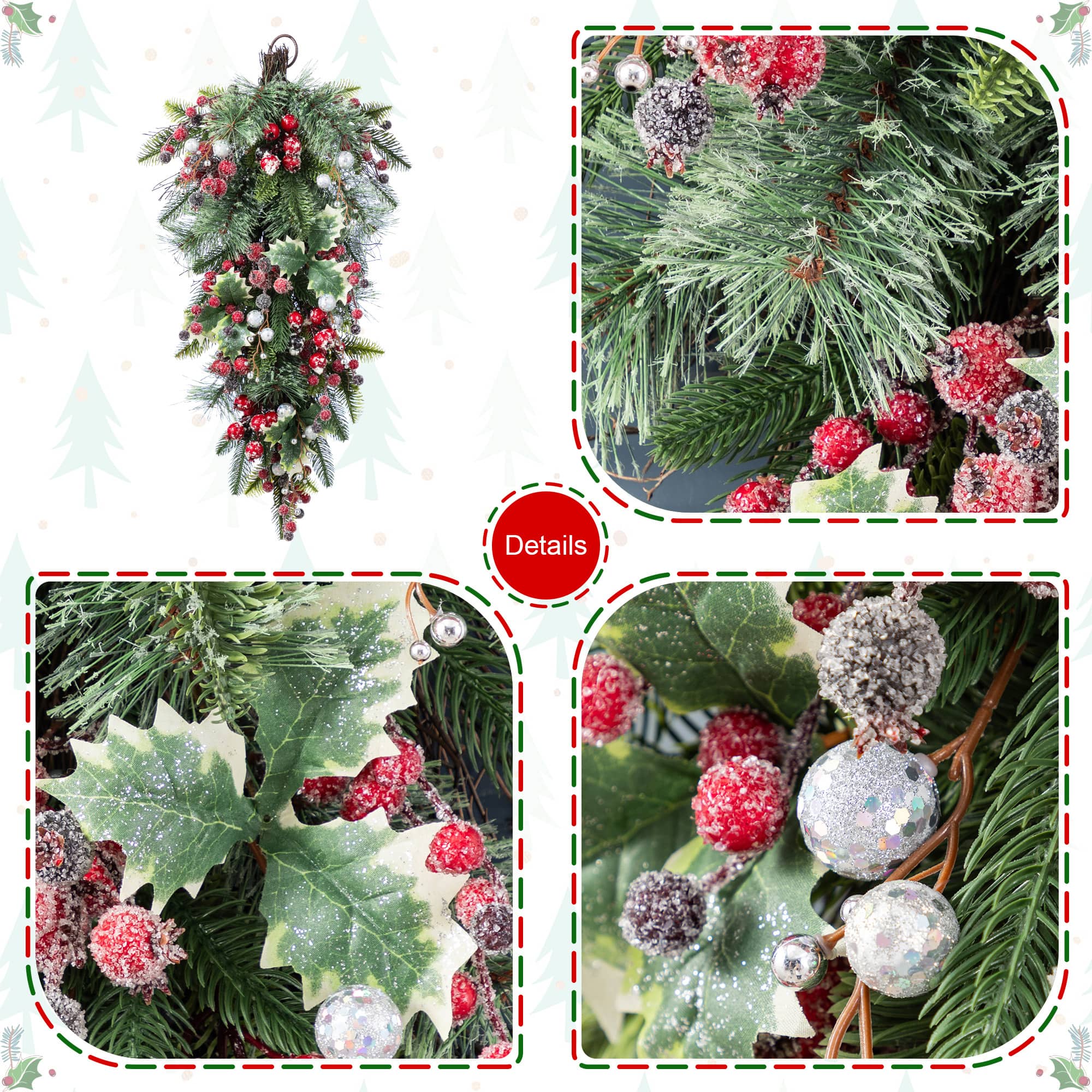 Glitzhome&#xAE; 28&#x22;H Christmas Red Pomegranate Berry &#x26; Holy Leaf Teardrop