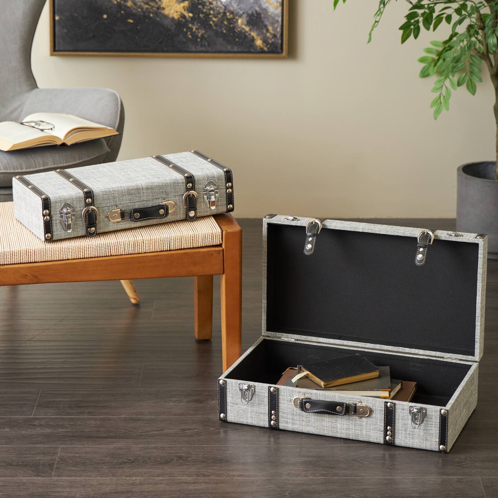 Gray Fabric Woven Storage Decorative Trunk with Silver Latches & Buckles Set