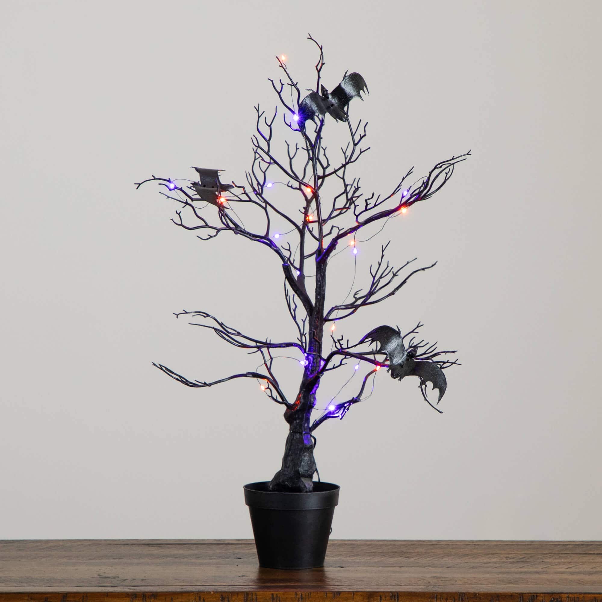 2ft. Pre-Lit Artificial Halloween Black Spooky Twig Tree with Bats and 40 Orange &#x26; Purple LED Lights