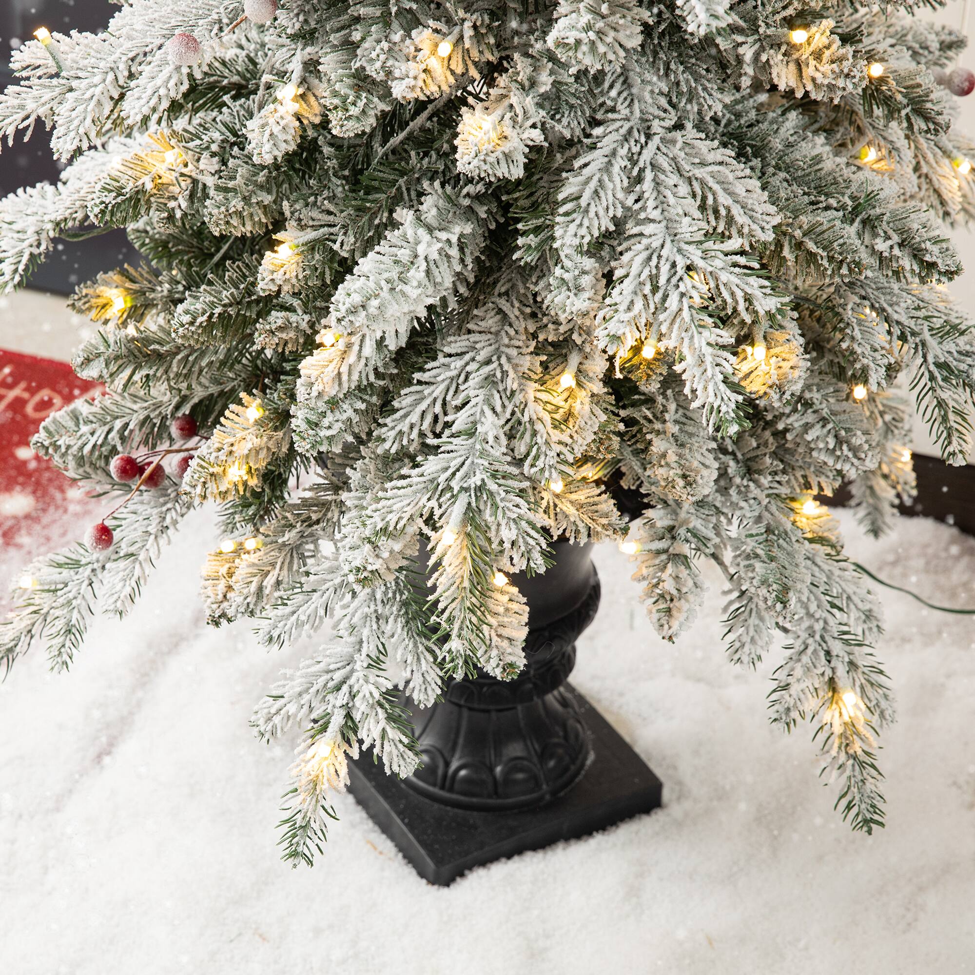 5ft. Pre-Lit Flocked Berry Fir Artificial Christmas Porch Tree in Urn, Warm White Lights