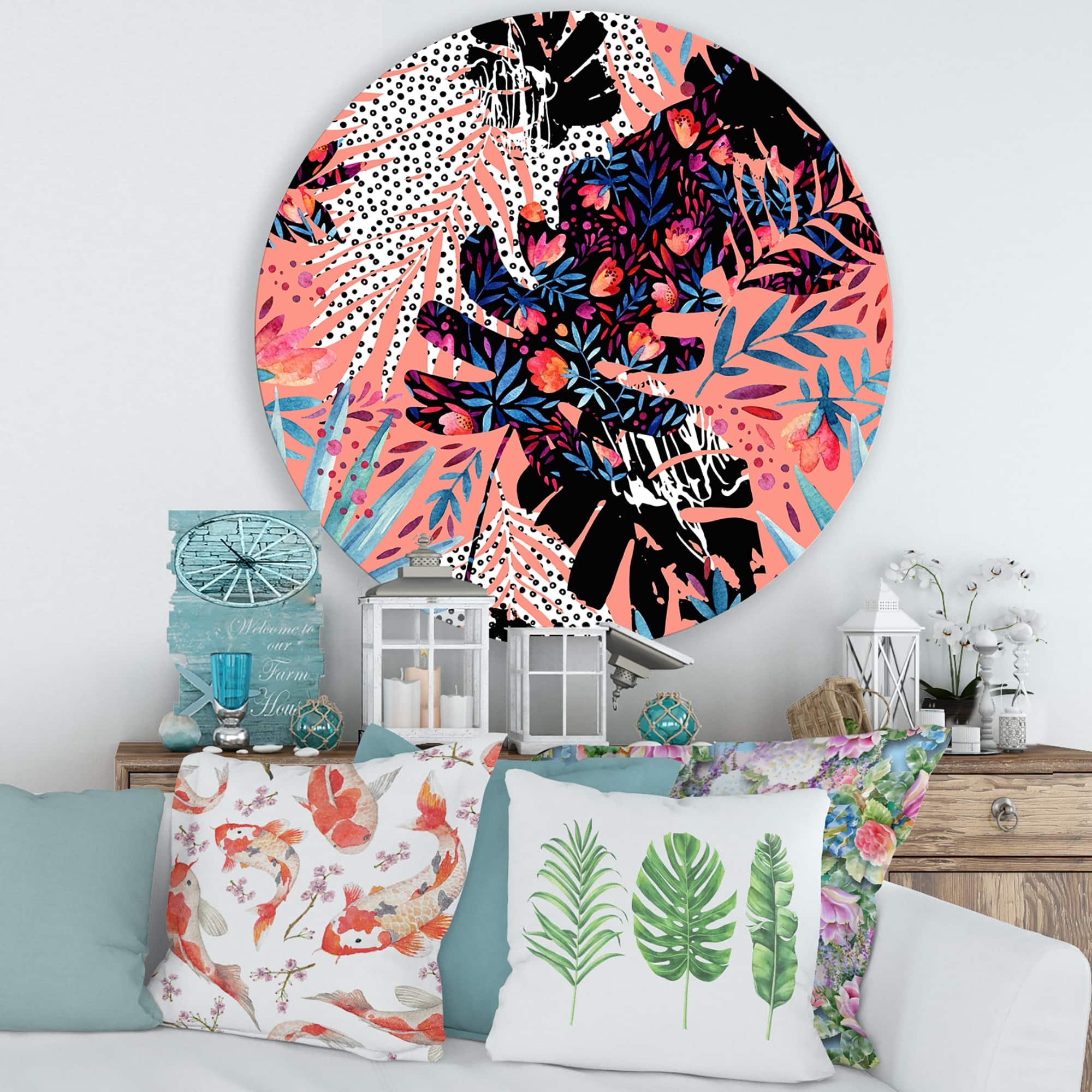 Designart - Tropical Floral Patchwork II - Tropical Metal Circle Wall Art