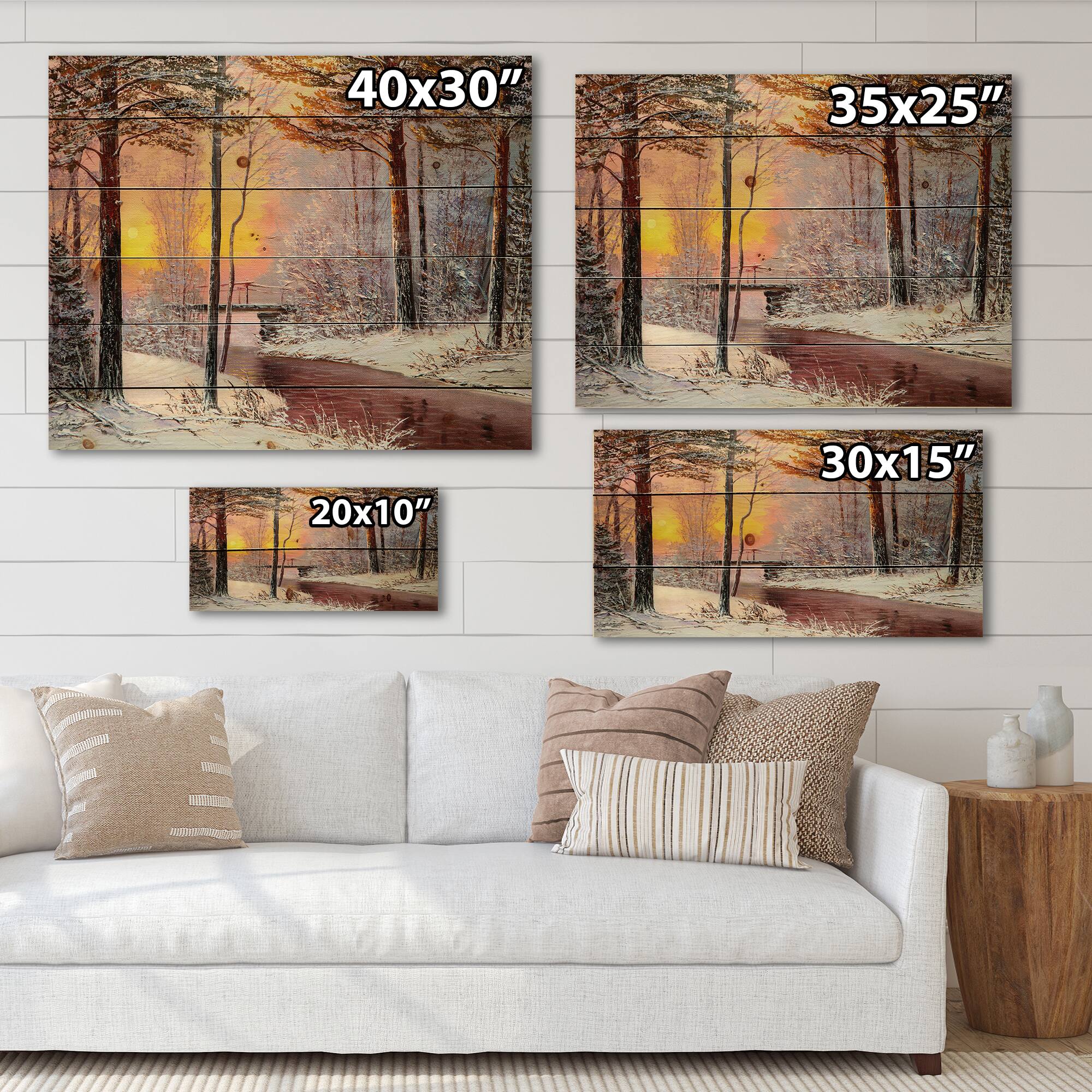 Designart Christmas Forest with River &#x26; Trees IV Print on Natural Pine Wood