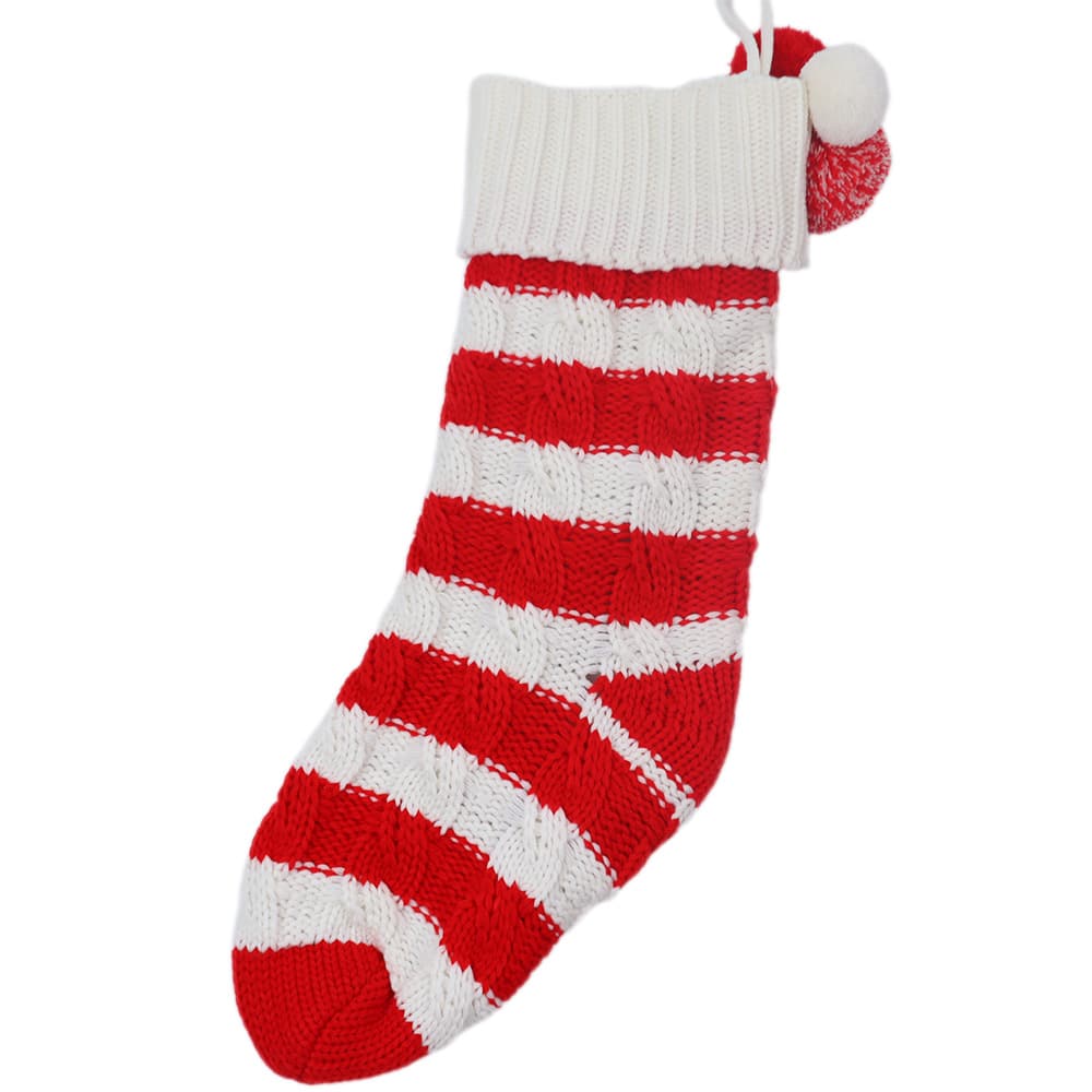 18.5&#x22; Red &#x26; White Stripe Knit Stocking with Pom Poms by Ashland&#xAE;