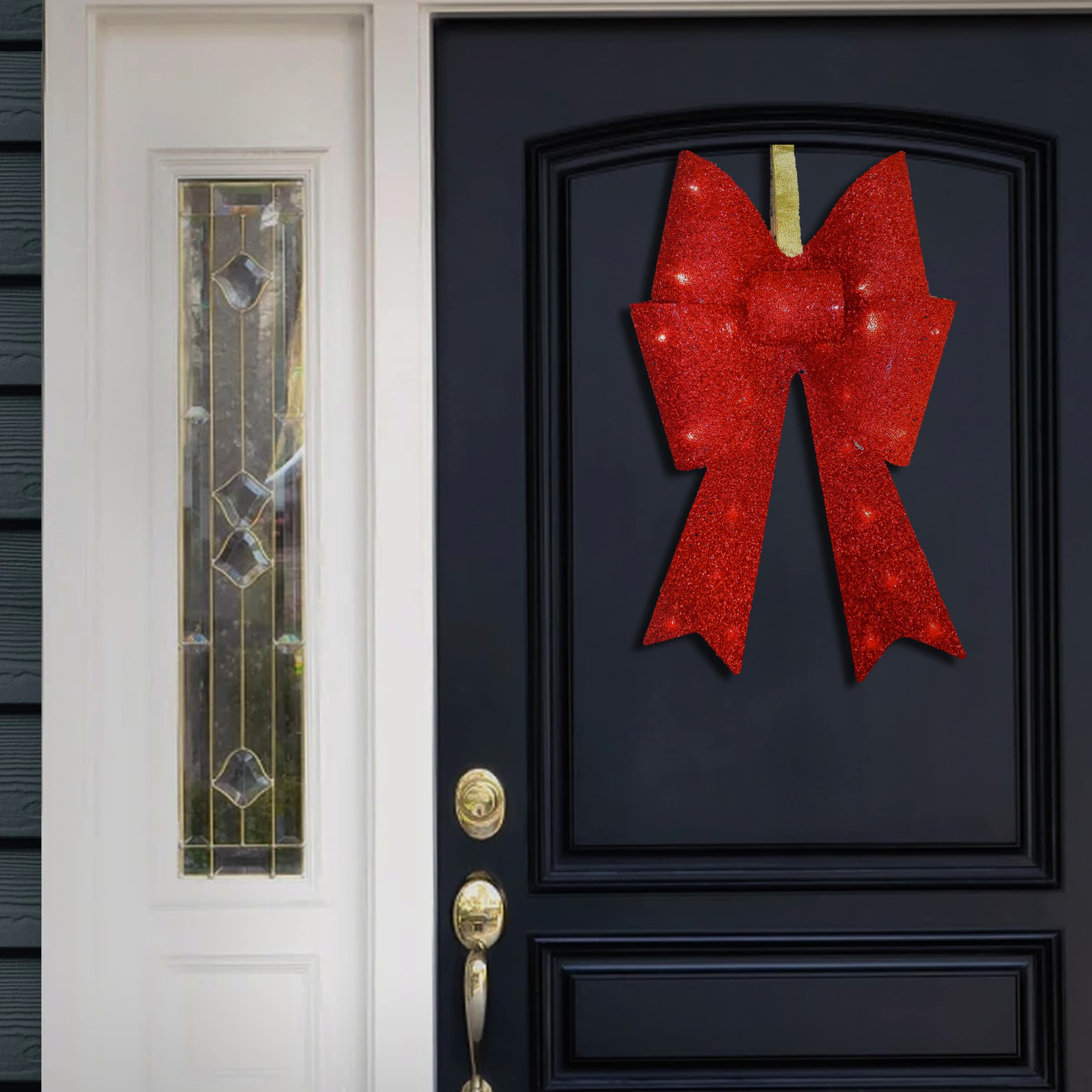 20&#x22; Red Tinsel Bow with 13 Warm White LED Lights