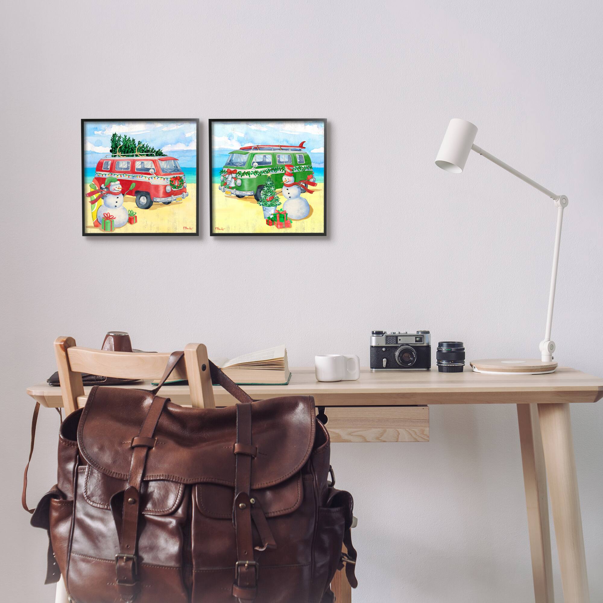 Stupell Industries Coastal Christmas Holiday Beach Snowmen 2 Piece Framed Giclee Art Set