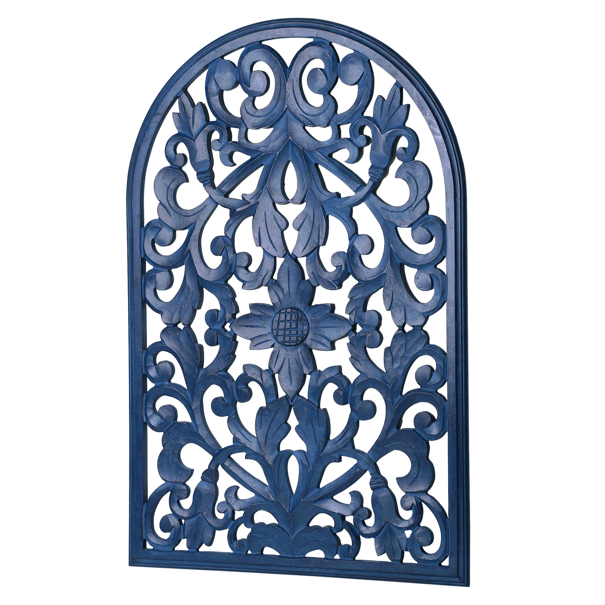 American Art D&#xE9;cor&#x2122; 36&#x22; Hand-Carved Arched Navy Blue Wood Wall Accent Medallion