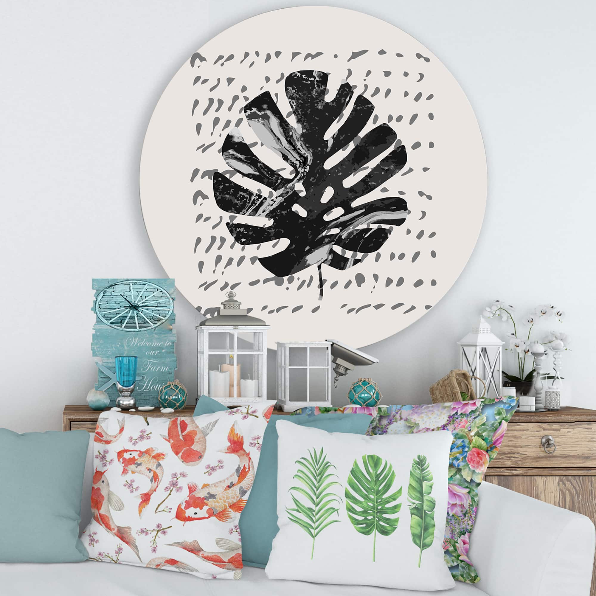 Designart - Minimal Tropical Palm Leaf On Grunge Texture - Tropical Metal Circle Wall Art