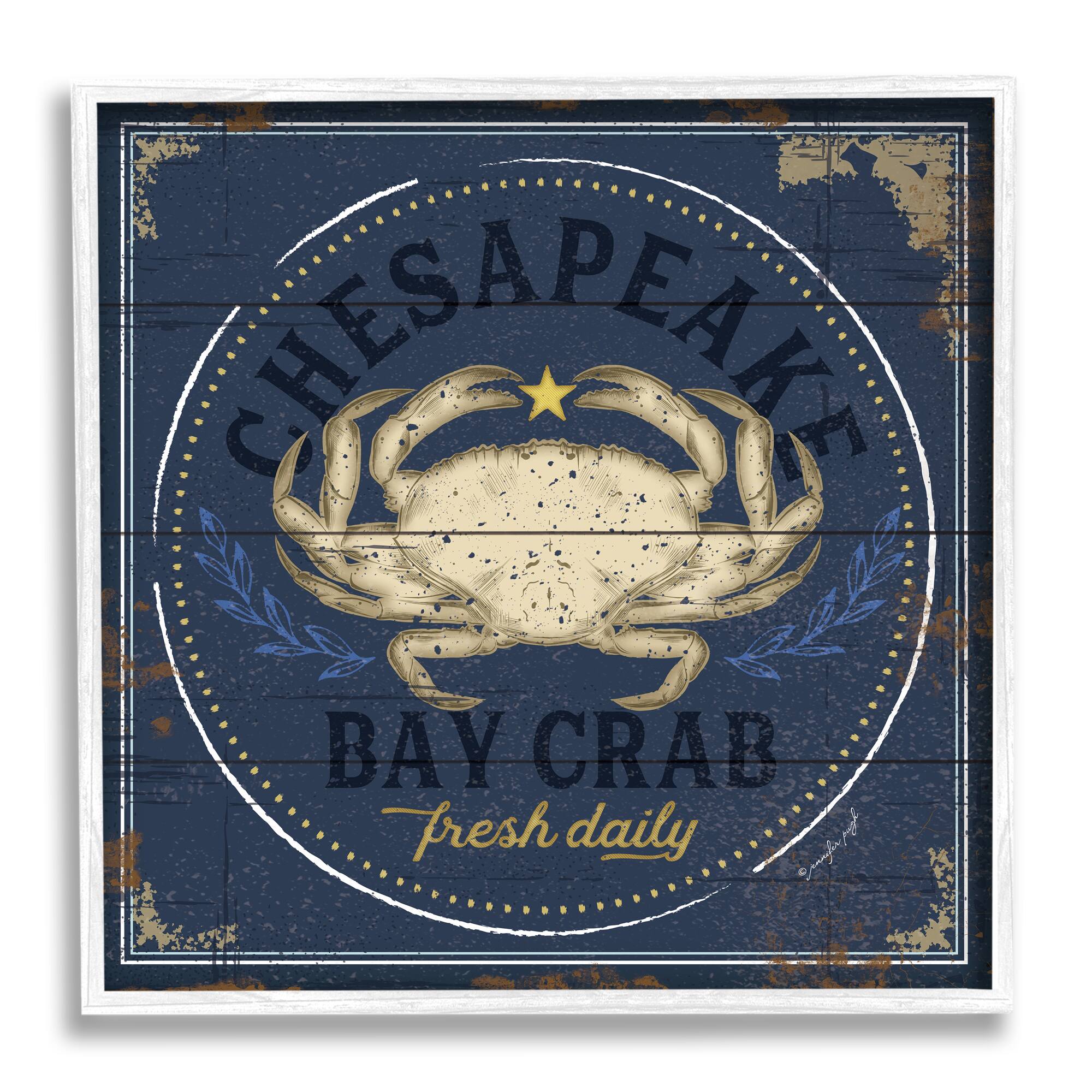 Stupell Industries Vintage Chesapeake Bay Crab Sign Nautical Marine Life in White Frame Wall Art
