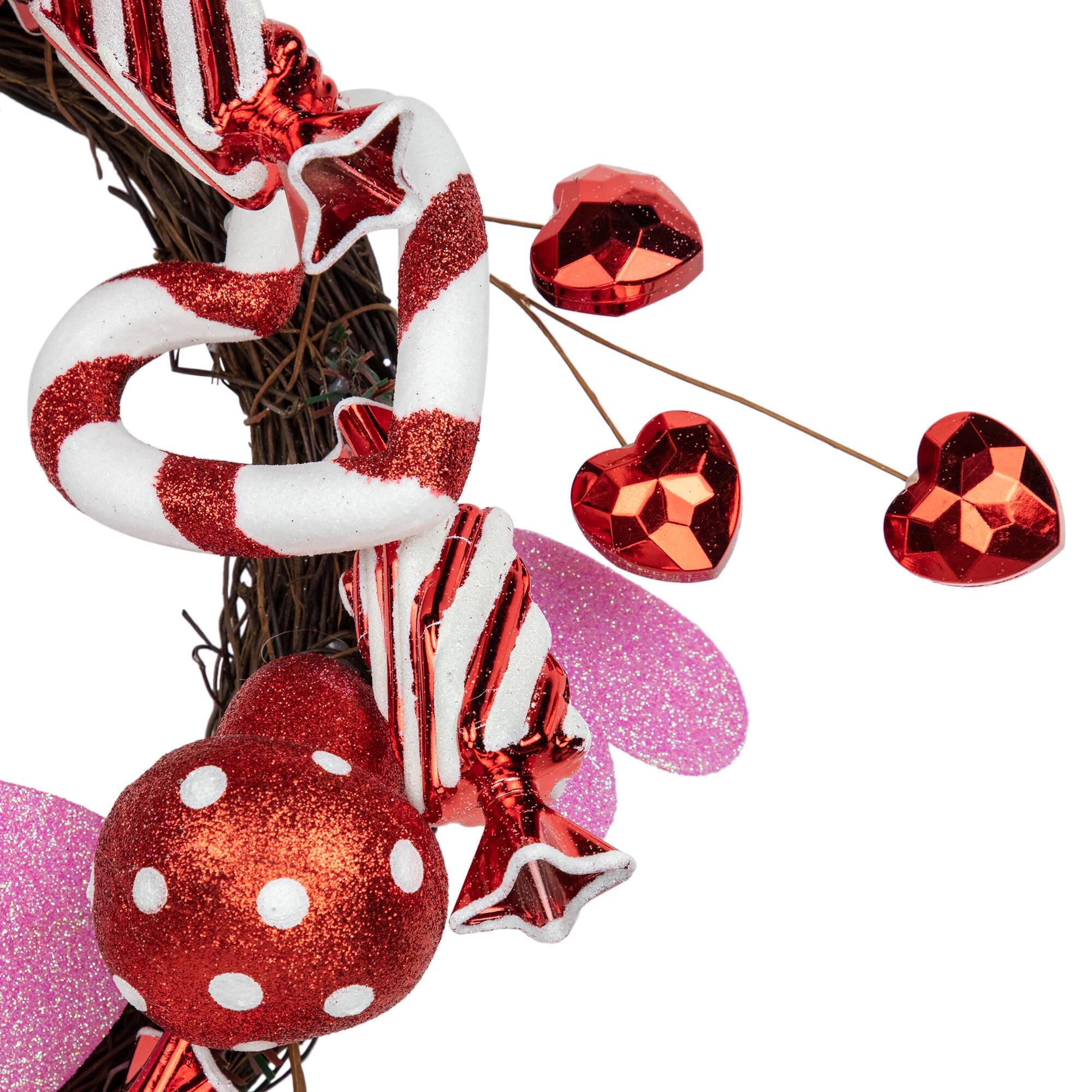 Red and White Candies and Hearts Valentine's Day Wreath 16" Unlit