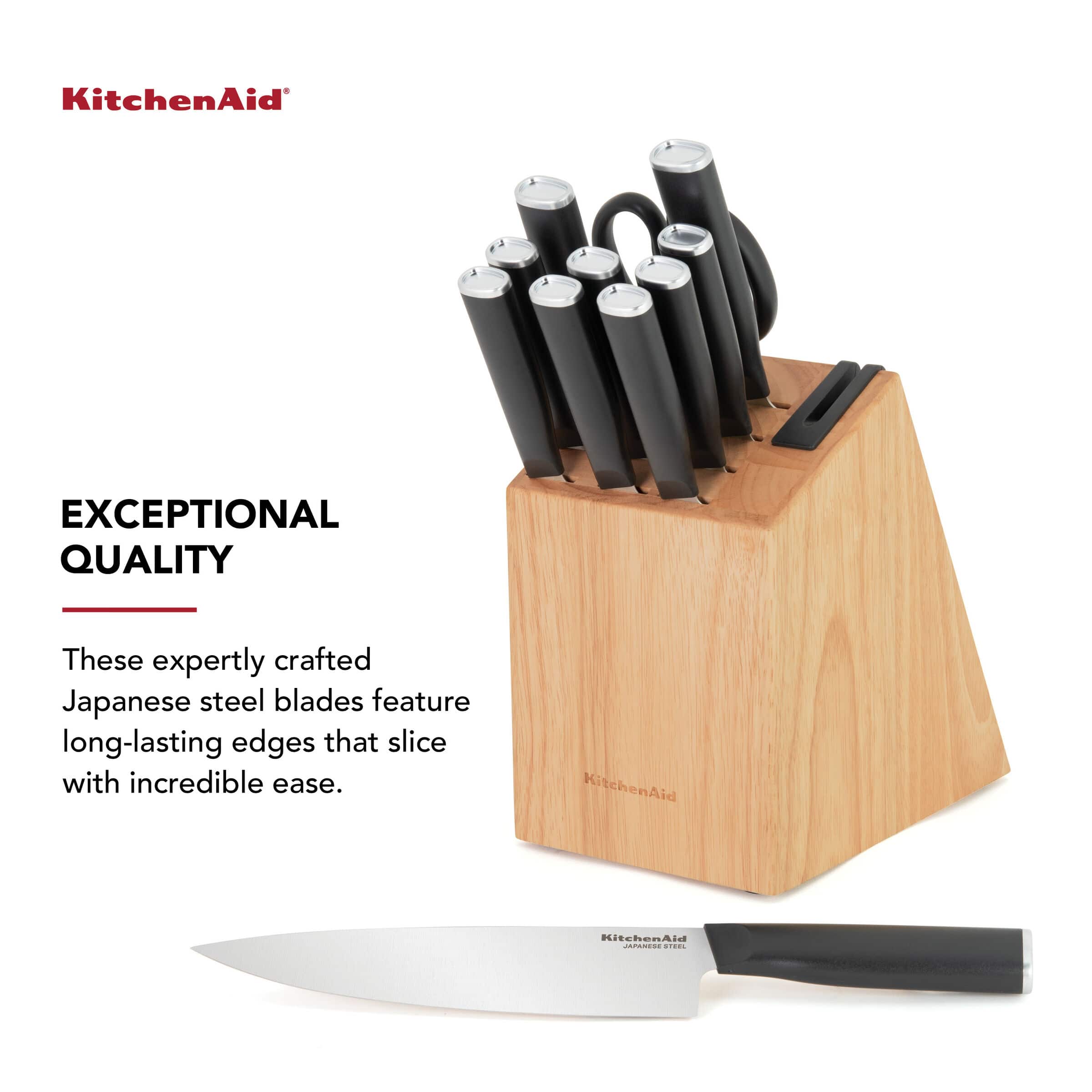 KitchenAid Classic 12-Piece Knife Rubberwood Block Set with Built in Sharpener