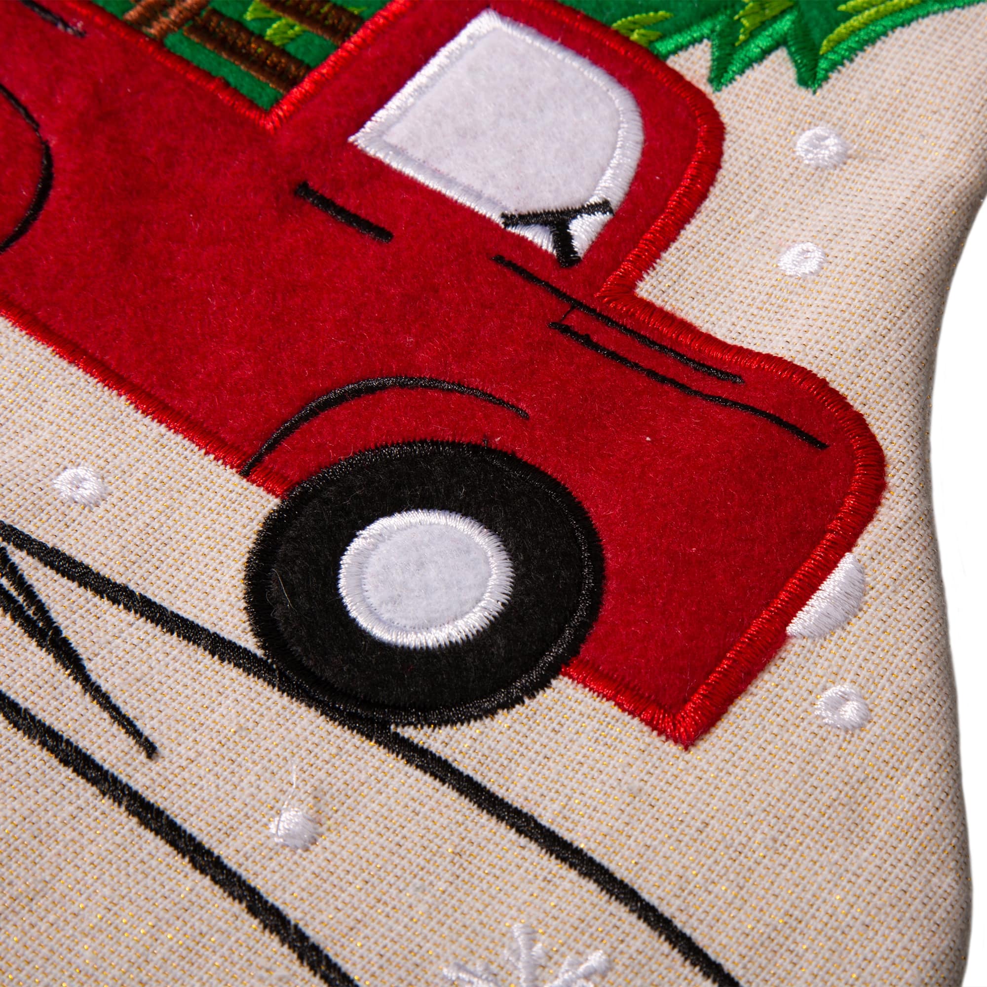 Glitzhome&#xAE; 21&#x22; Embroidered Red Truck Linen Christmas Stocking