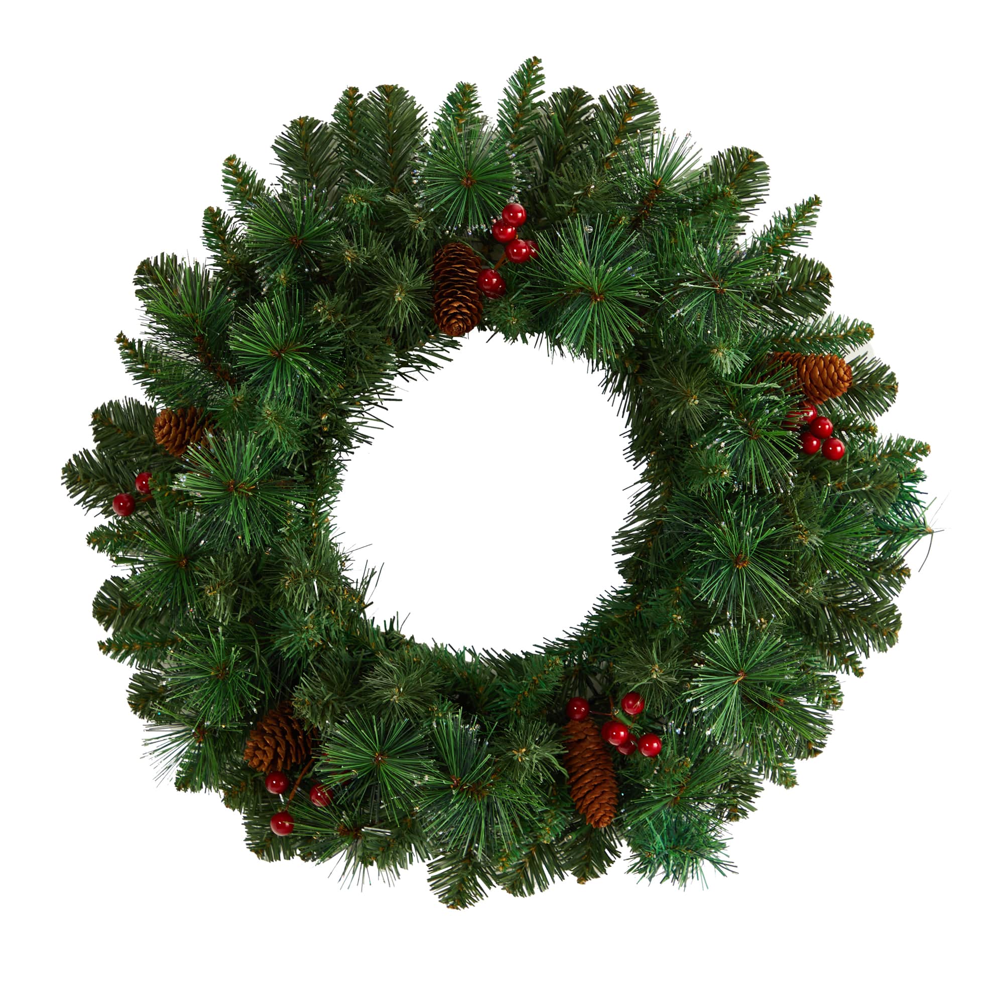 20" White LED Lights Frosted Pine Artificial Christmas Wreath With Pinecones & Berries