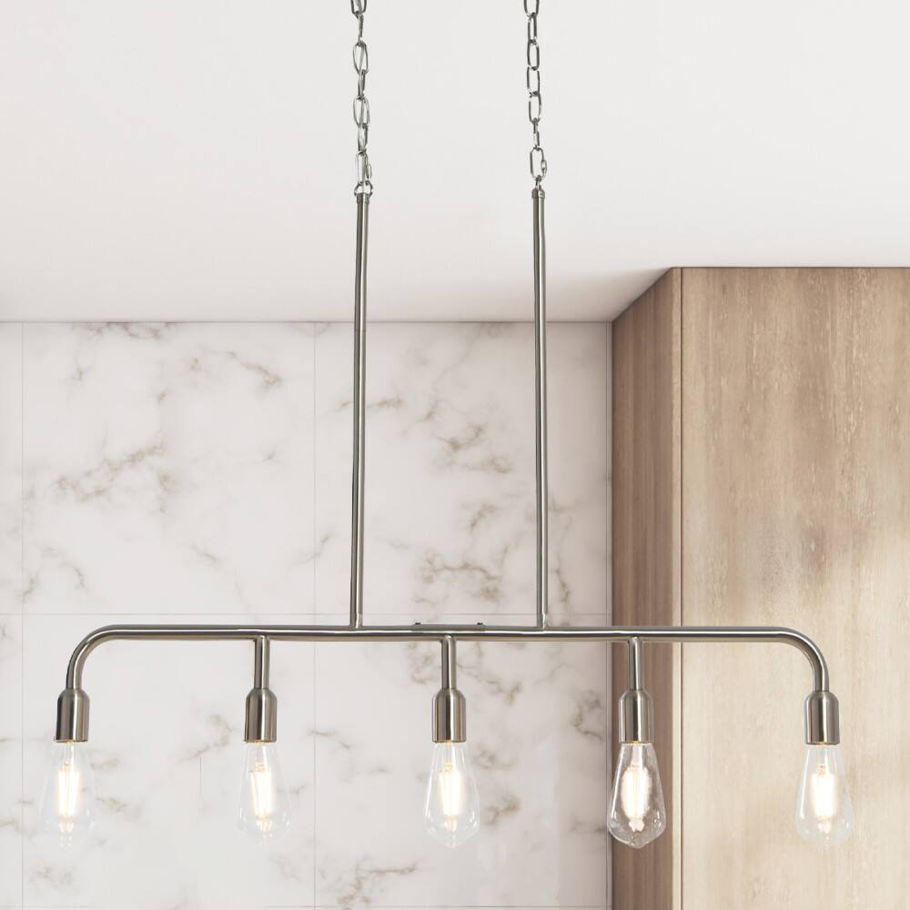 Hello Honey® Robert Stevenson Lighting Benson 36" Brushed Nickel 5-Light Exposed Bulb Metal Chandelier