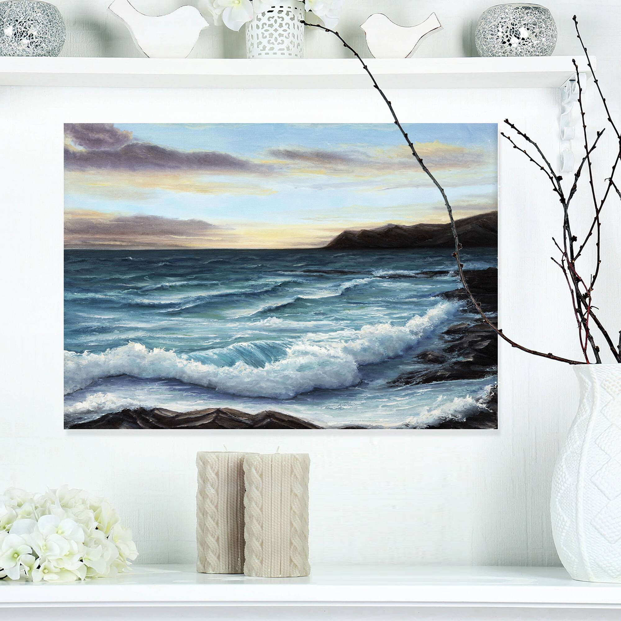Designart - Ocean Waves at Seashore - Sea &#x26; Shore Painting Print on Wrapped Canvas