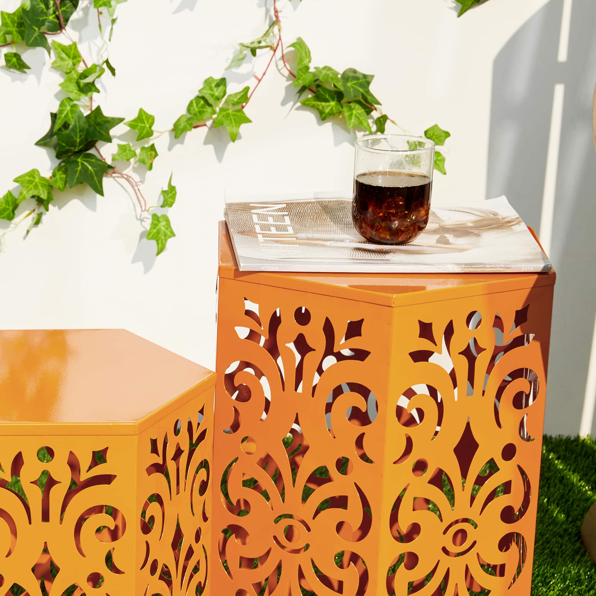 Glitzhome&#xAE; Orange Floral Motif Hexagonal Garden Stool Set