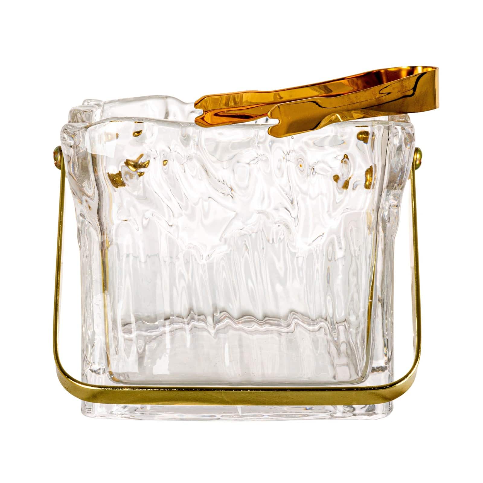 Hello Honey 24-Ounce Textured Glass Ice Bucket with Gold Finish Handle and Tongs, Clear/Gold