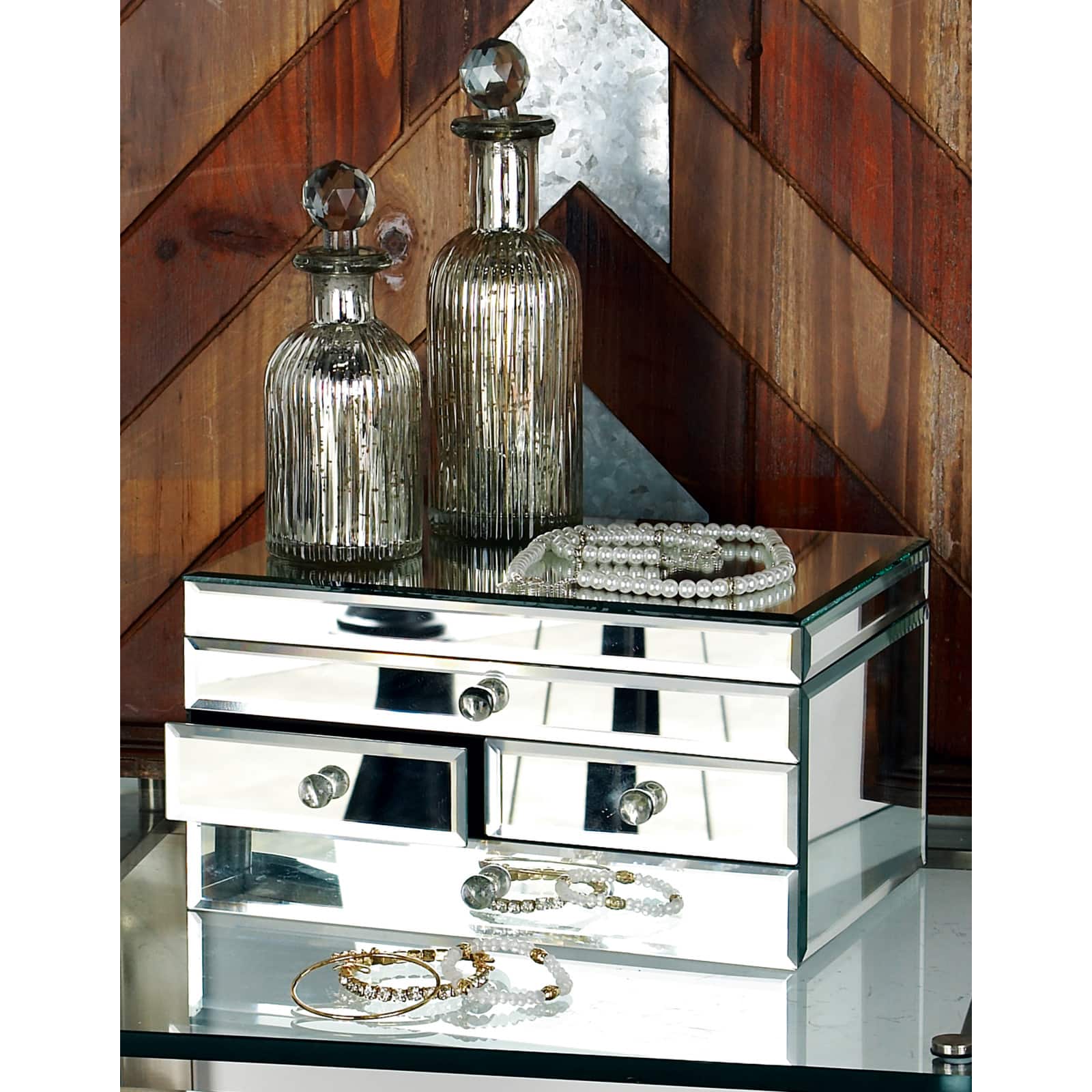 Silver Mirror and Wood Glam Jewelry Box, 6&#x22; x 11&#x22; x 9&#x22;