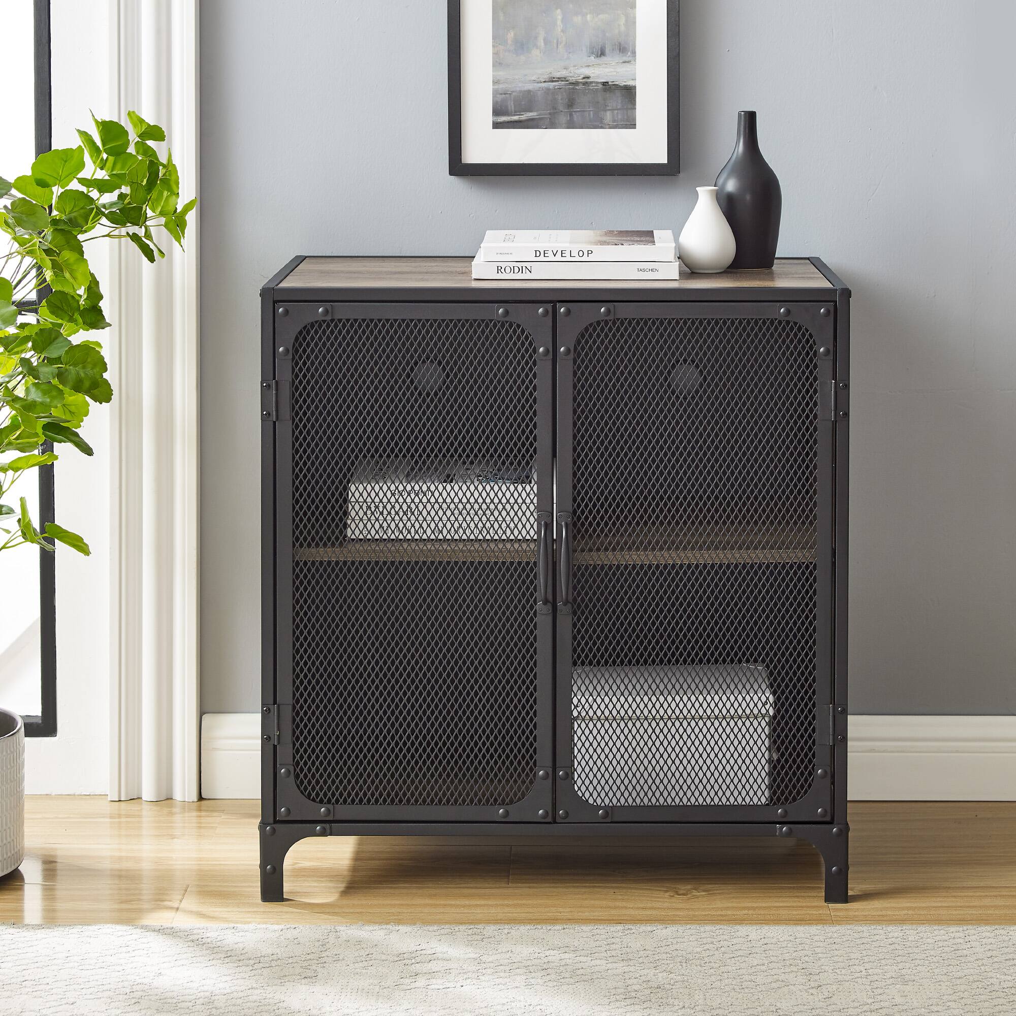 Walker Edison 30&#x22; Grey Wash Industrial Mesh Metal Door Accent Cabinet