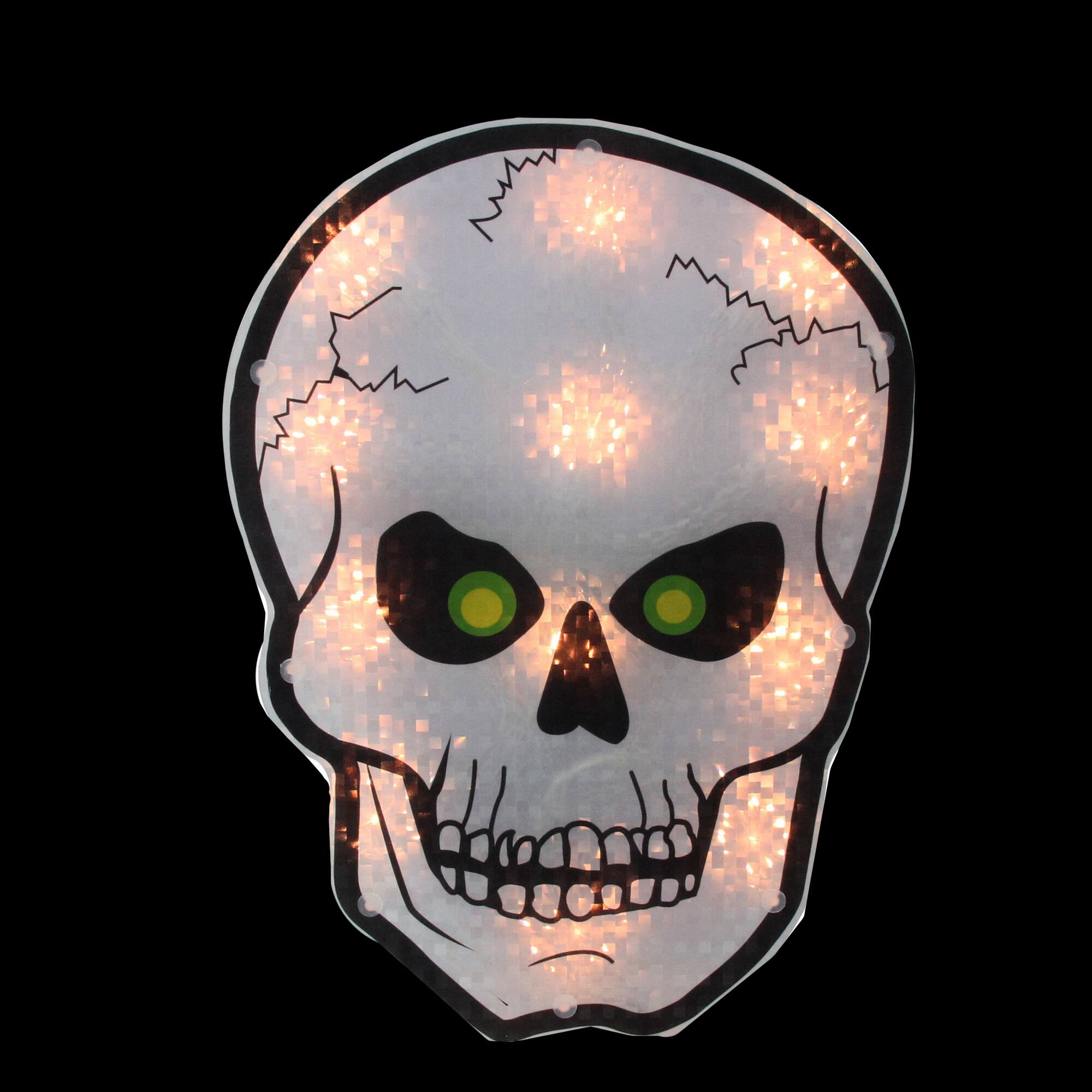 12&#x22; Silver &#x26; Black Holographic Lighted Skull Halloween Window Silhouette Decoration