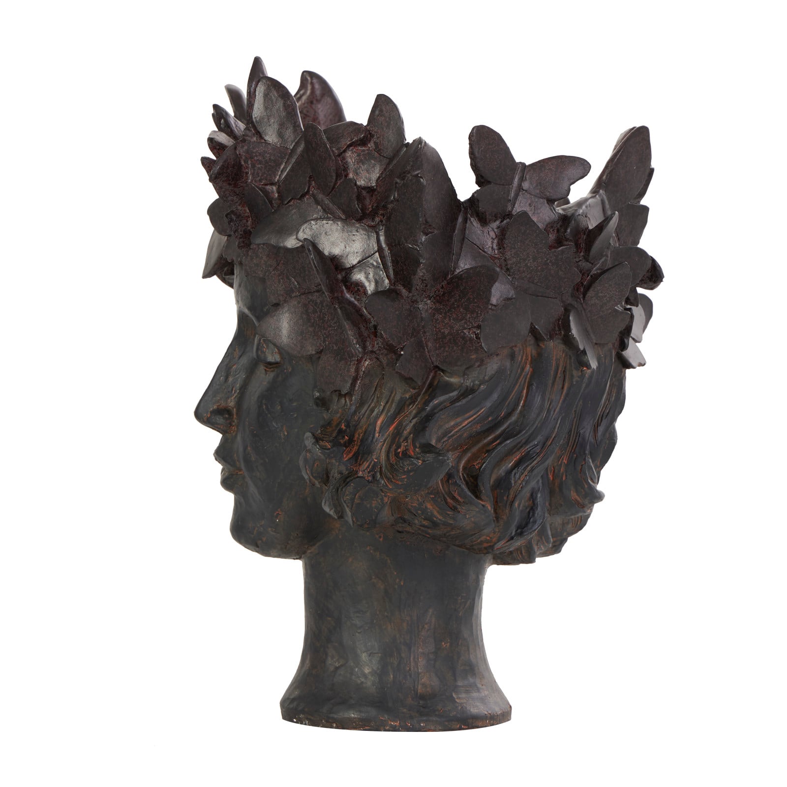 14&#x22; Bronze Woman Head &#x26; Butterflies Planter