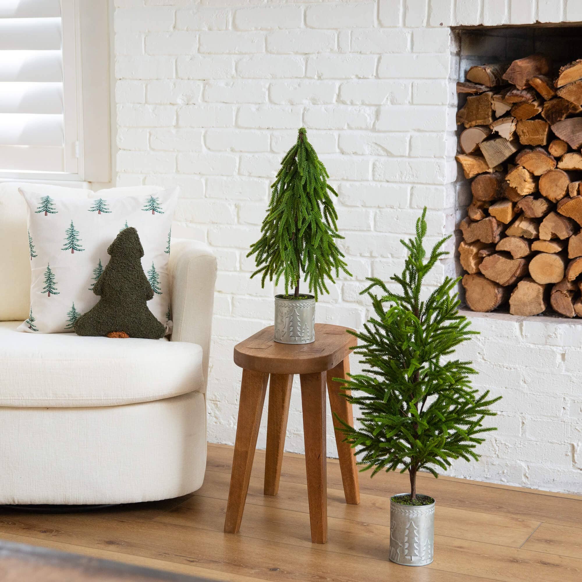 32in. Artificial Real Touch Norfolk Island Pine in Christmas Tin Metal Planter with Natural Look