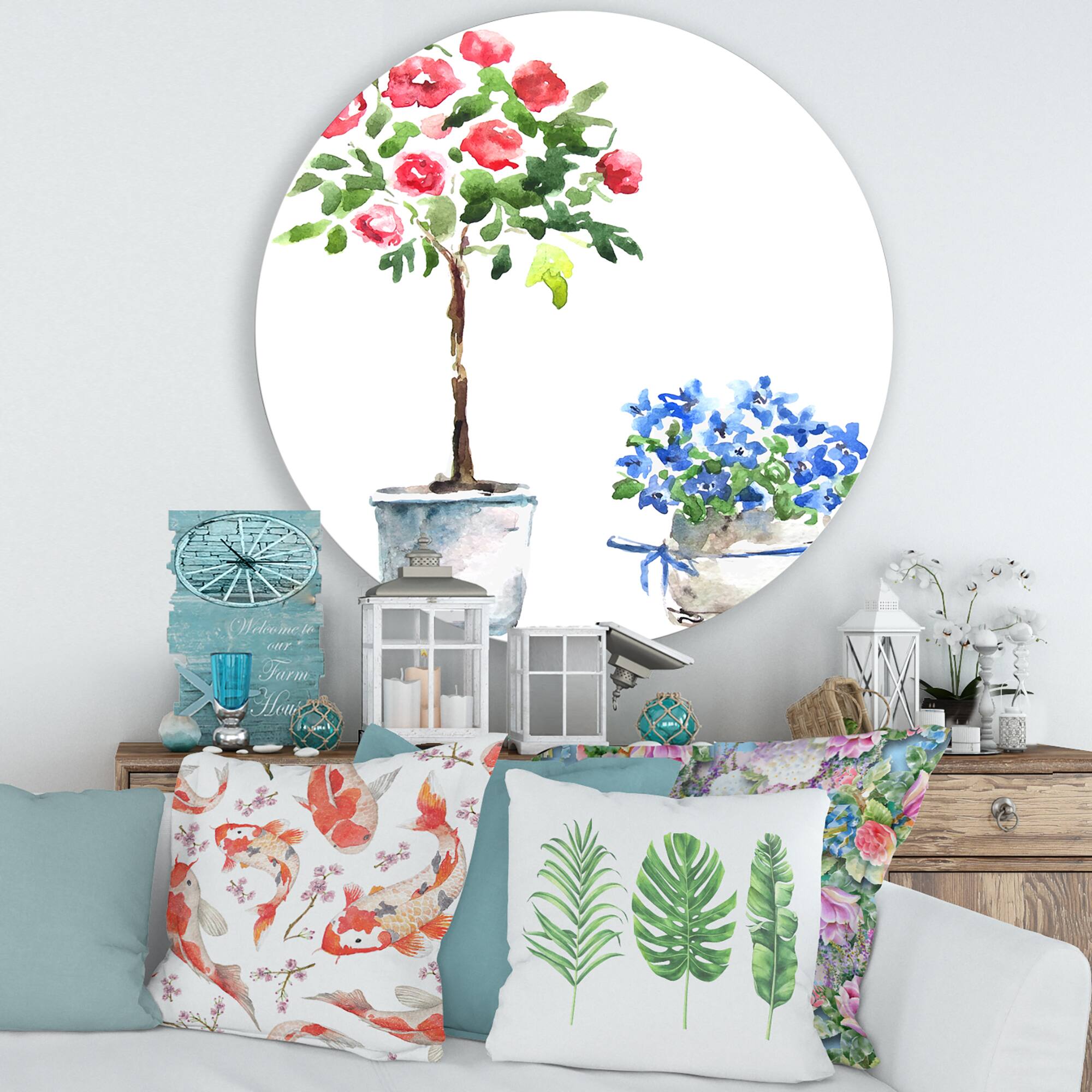 Designart - Blue and Red Houseplants - Traditional Metal Circle Wall Art