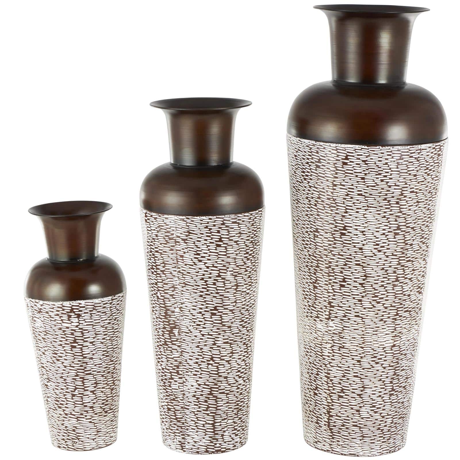 White & Brown Spotted Tapered Floor Metal Vase Set