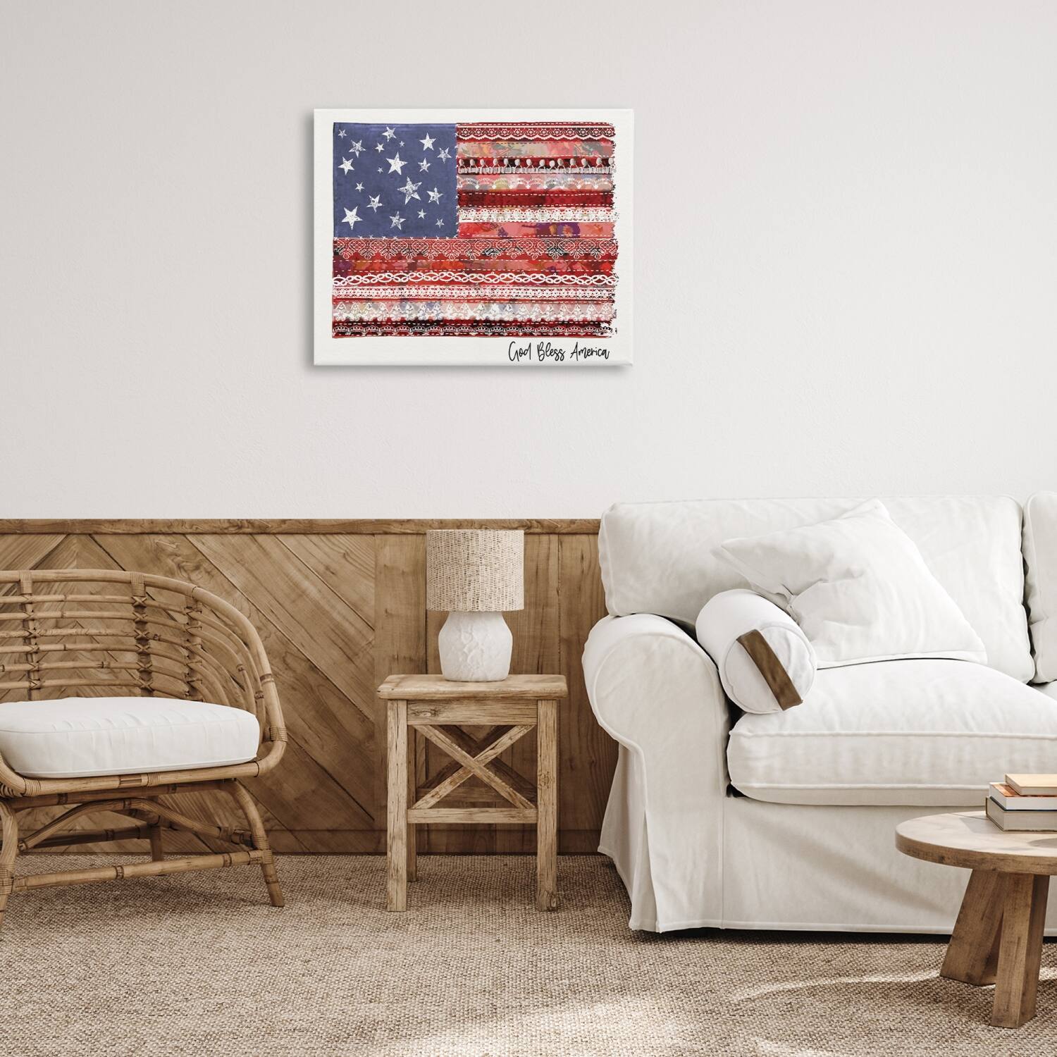 Stupell Industries God Bless America Phrase Macrame Pattern Flag Canvas Wall Art