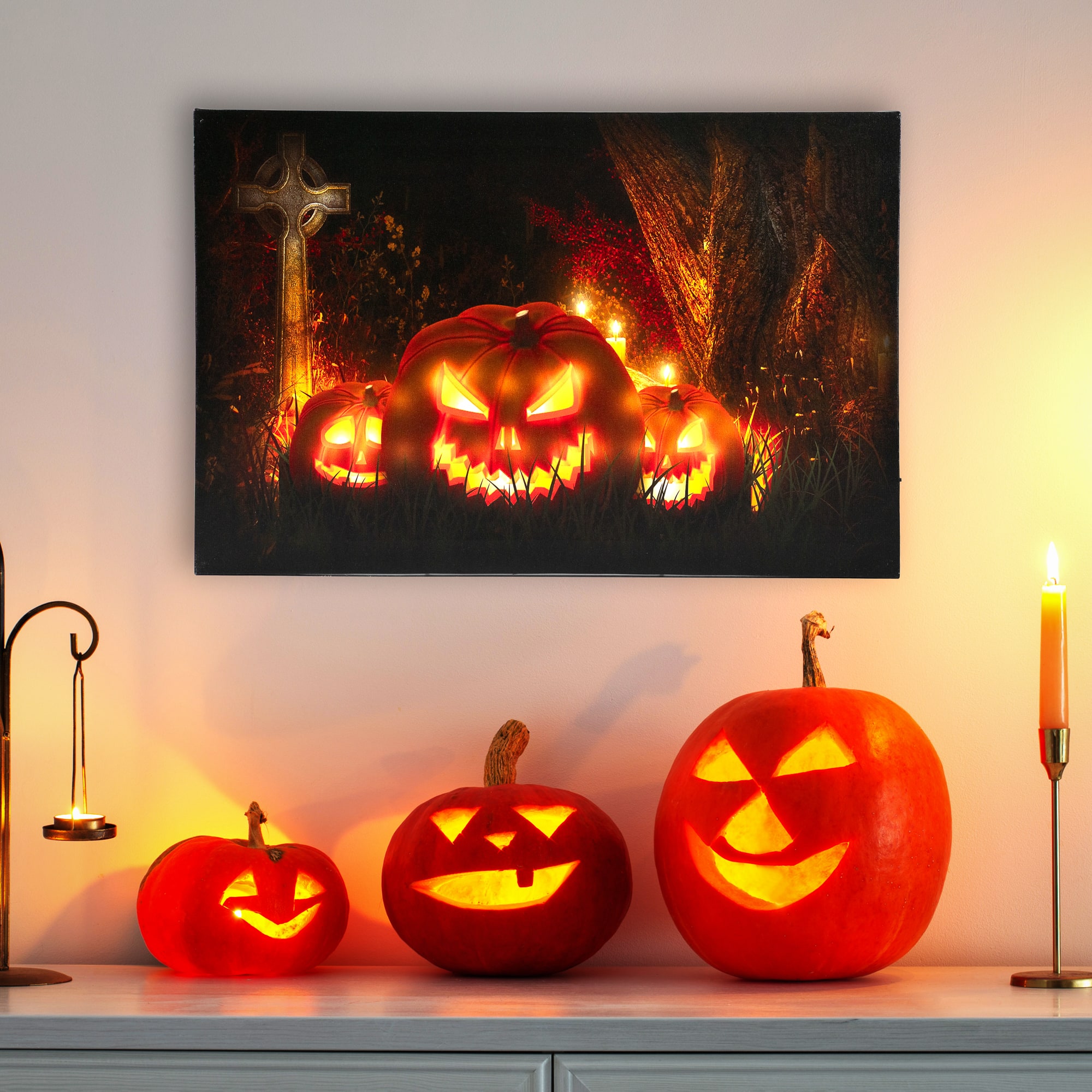 LED Lighted Jack-O-Lanterns in a Cemetery Halloween Canvas Wall Art