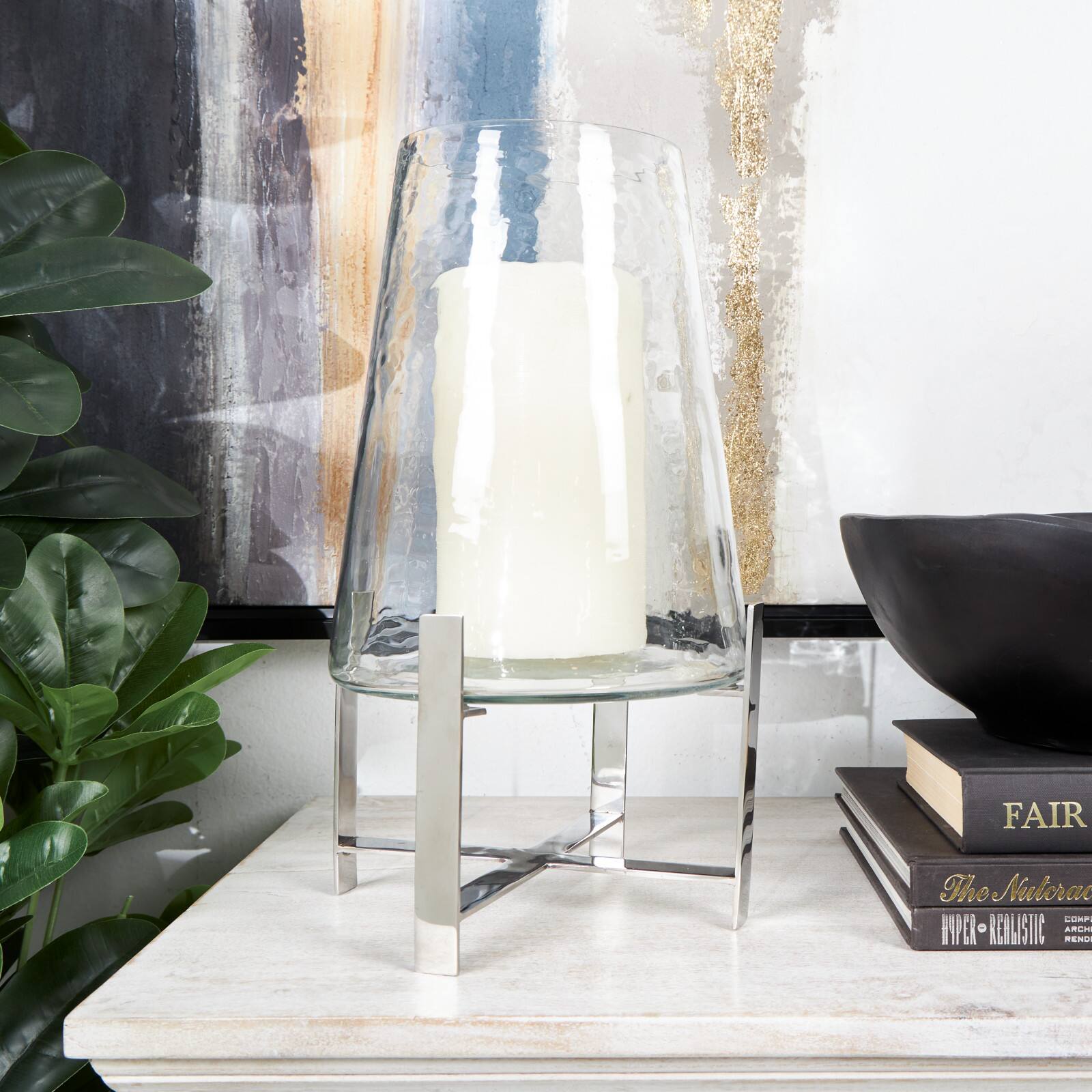 14&#x22; Clear Glass &#x26; Stainless Steel Hurricane Candle Holder