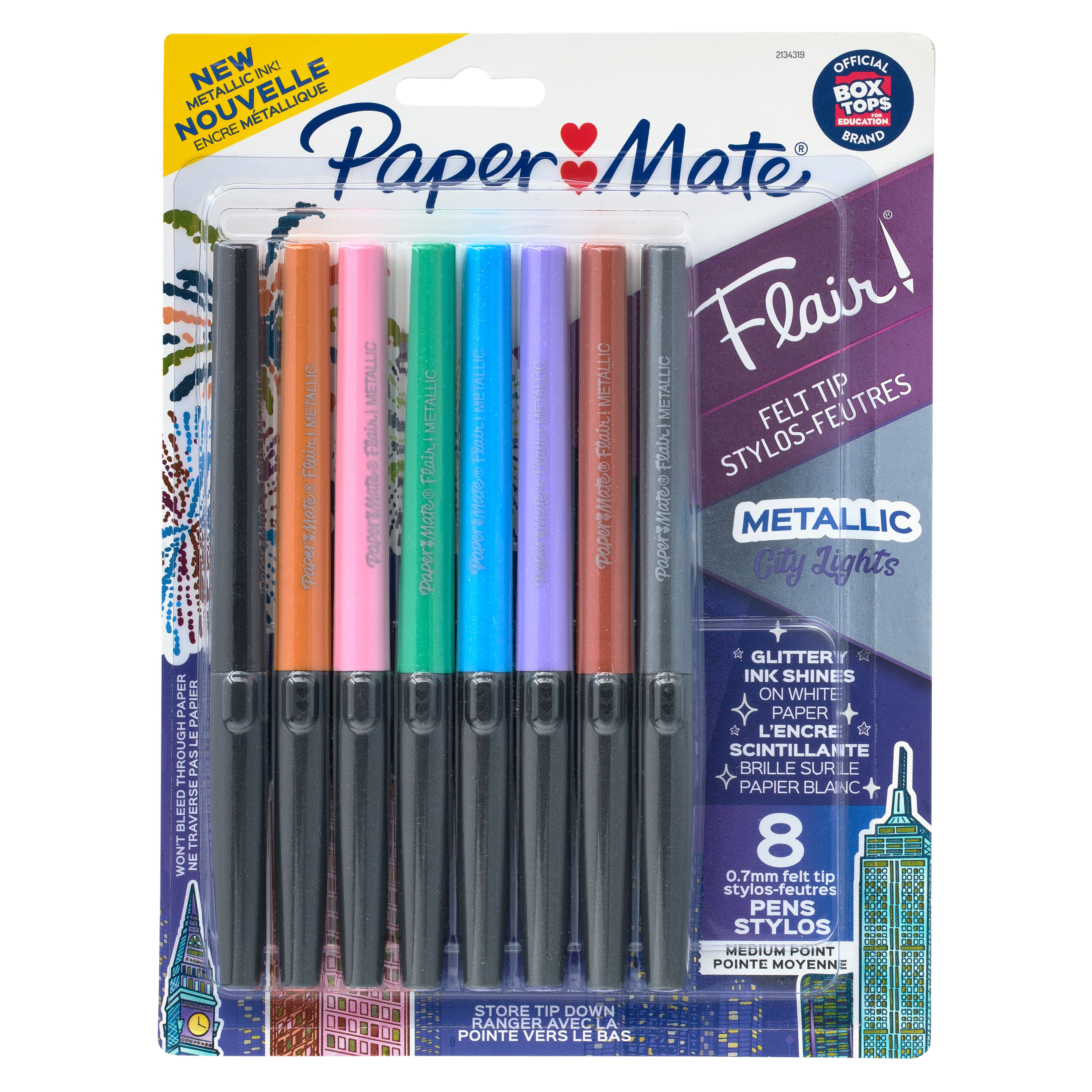 Paper Mate Flair Felt Tip Pens, Medium Point (0.7mm), Metallic City Lights,  16 Count