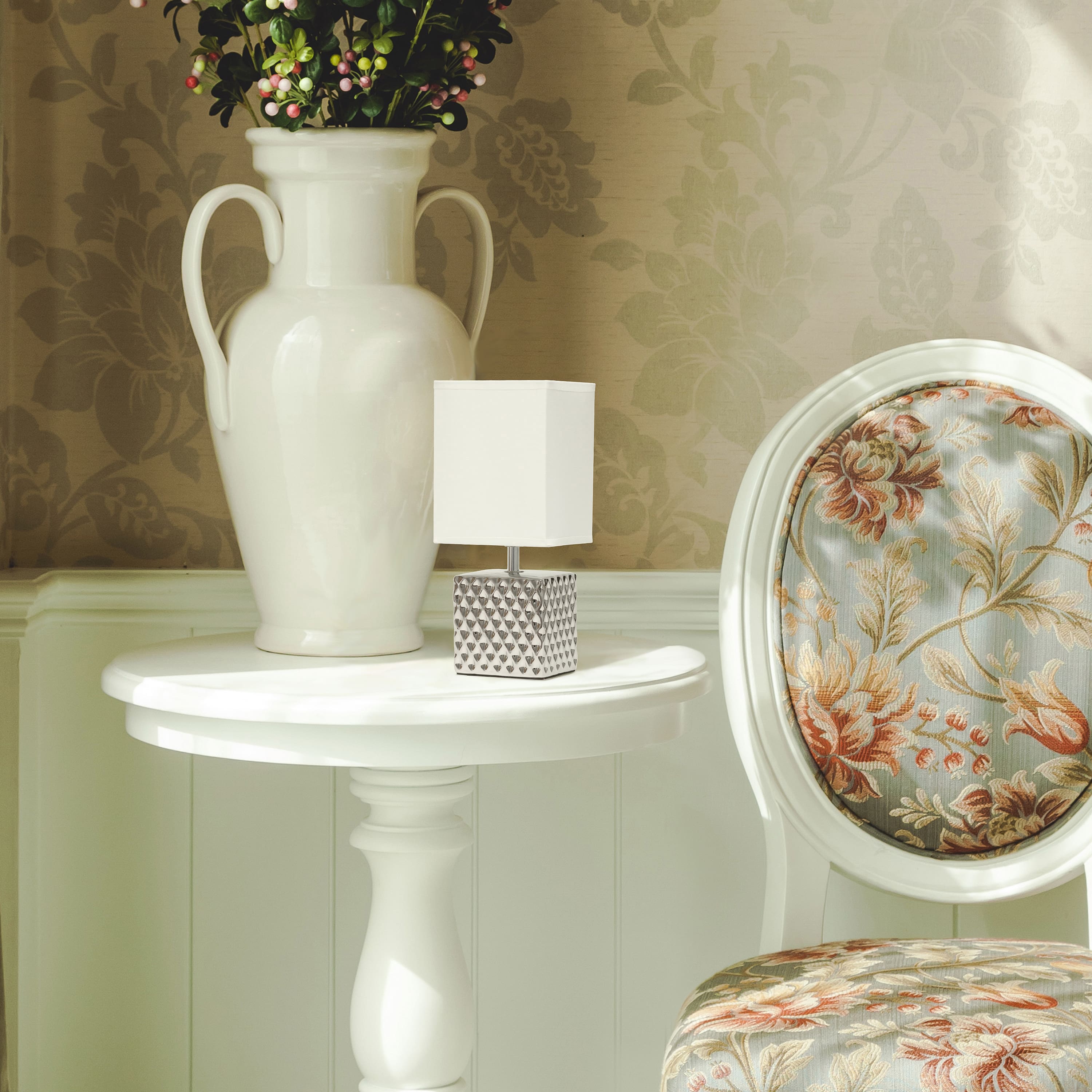 Simple Designs 12" Petite Hammered Chrome Square Table Lamp