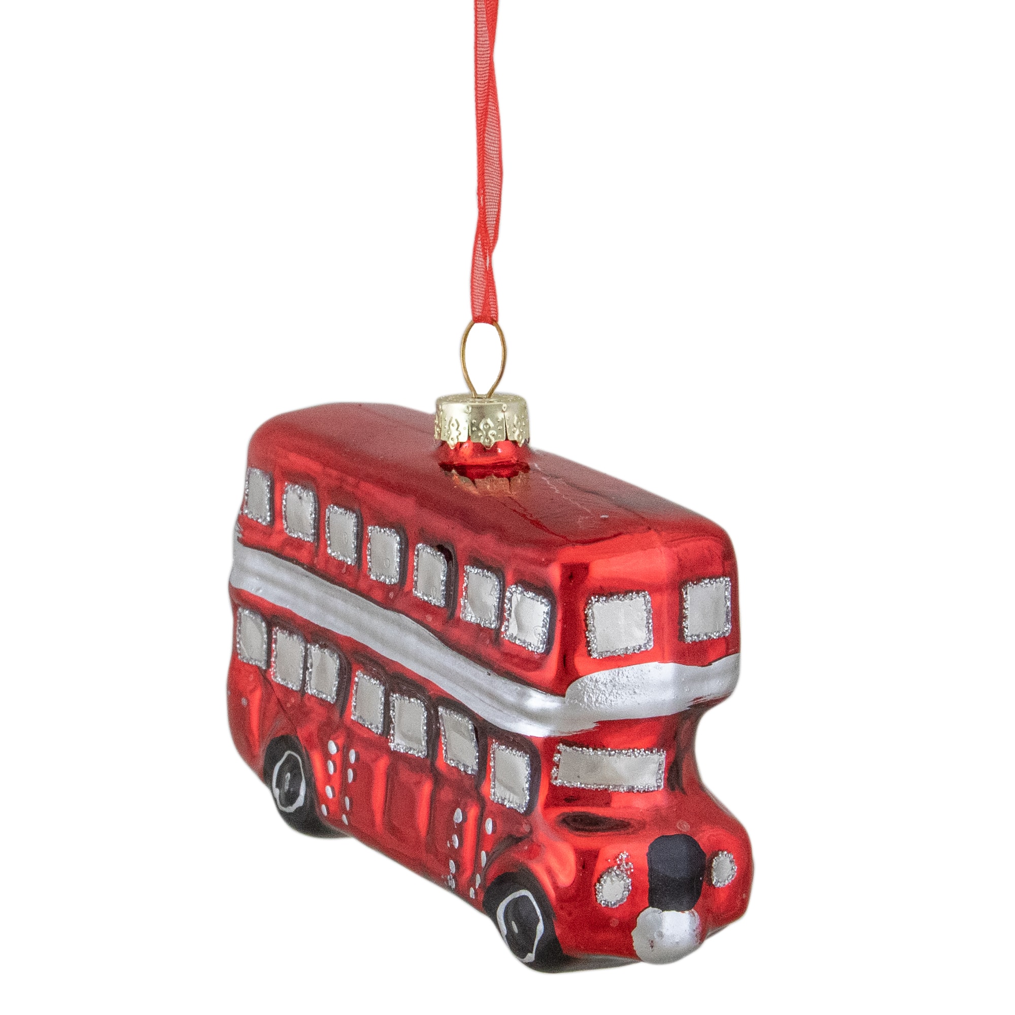 4&#x22; Shiny Metallic Red &#x26; Silver Glass Double Decker Bus Christmas Ornament