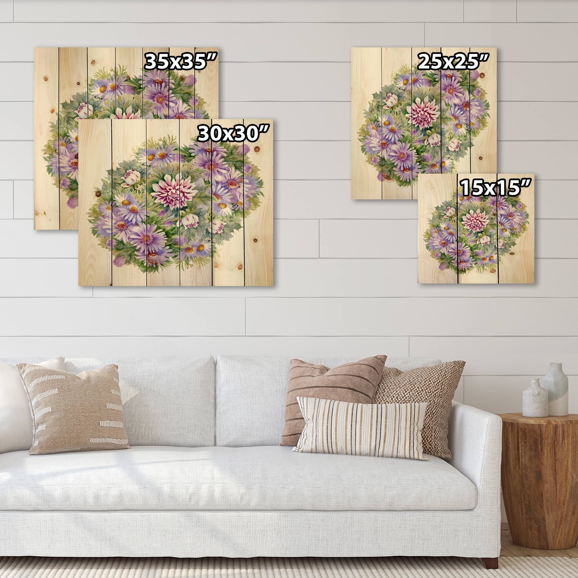 Designart - Bouquet With Purple Chrysanthemums and Daisies - Traditional Print on Natural Pine Wood