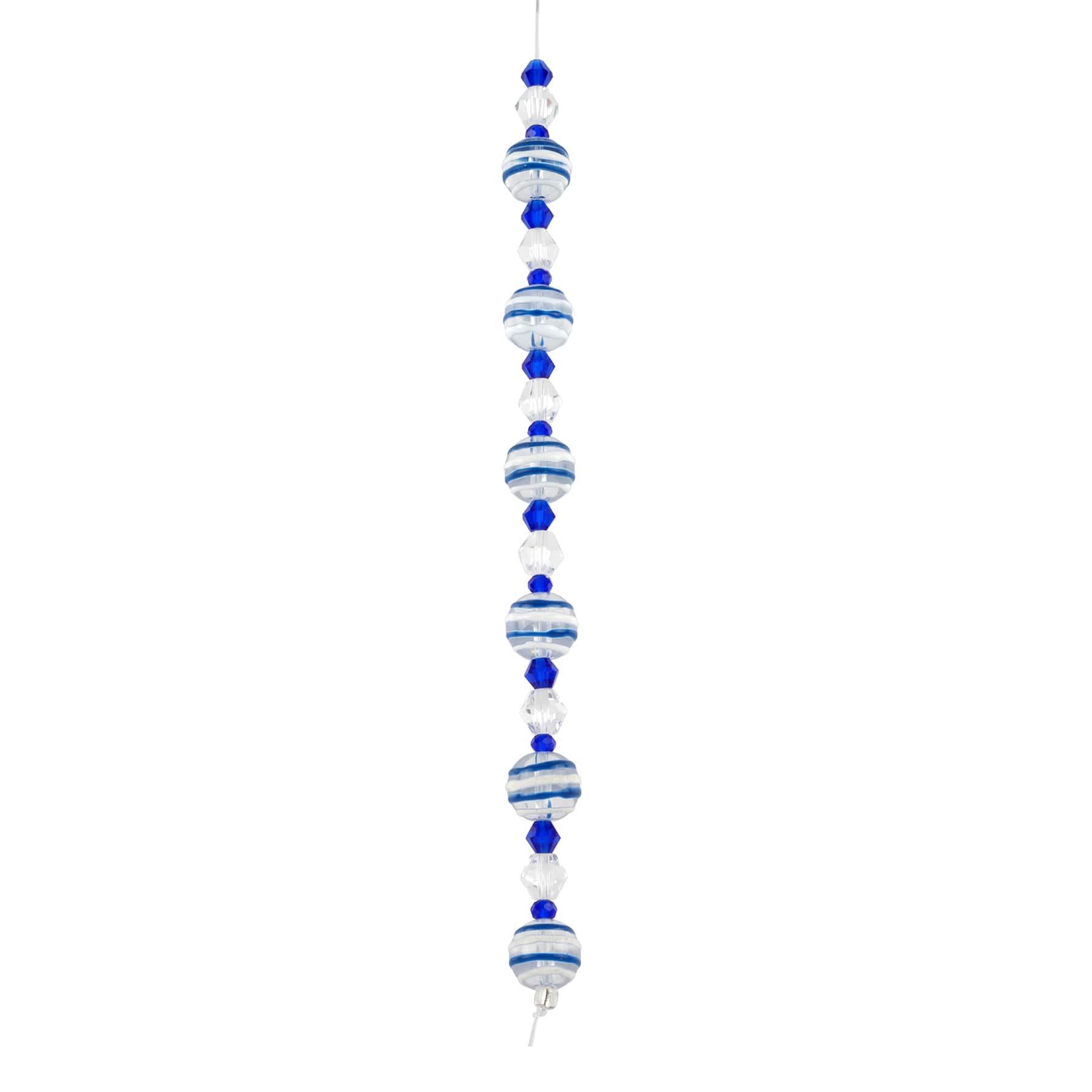 12 Pack: Blue &#x26; White Stripe Lampwork Glass Round Bead Mix by Bead Landing&#x2122;