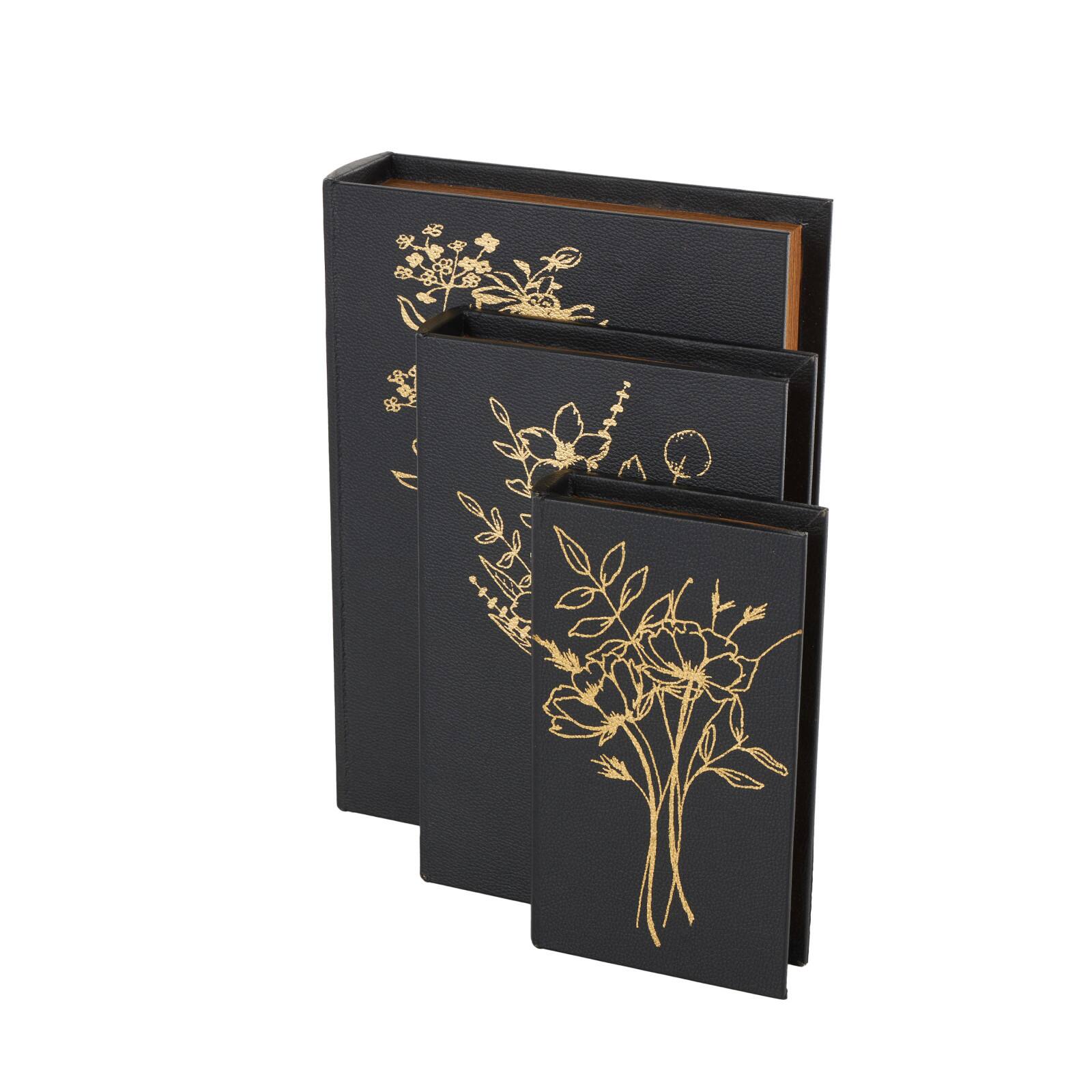 Black & Gold Faux Leather Floral Faux Book Storage Decorative Box Set