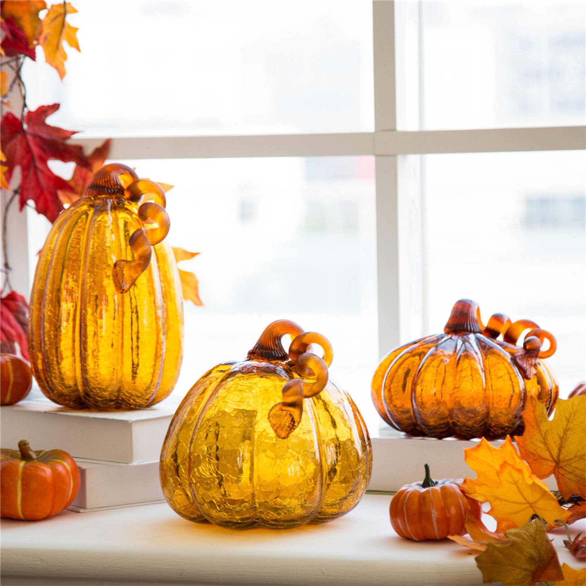 Glitzhome&#xAE; Tall Crackle Glass Pumpkin, Amber