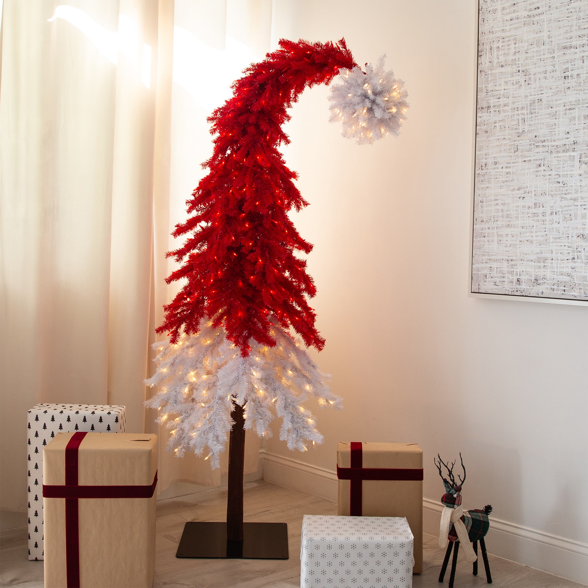 7ft. Pre-Lit Red &#x26; White Santa&#x2019;s Hat Artificial Christmas Tree, Red &#x26; White LED Light