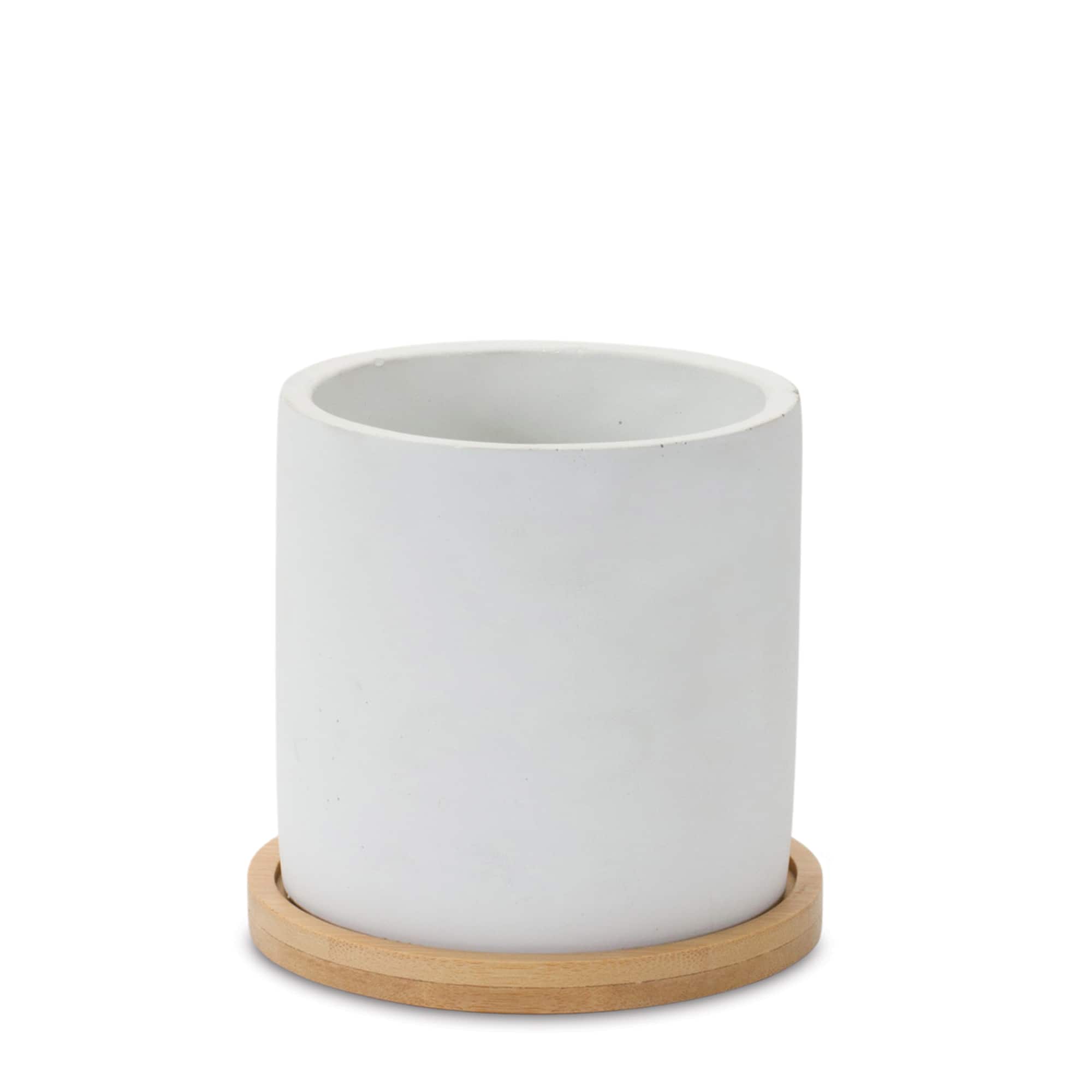 White Stone Planters with Wood Plates Set