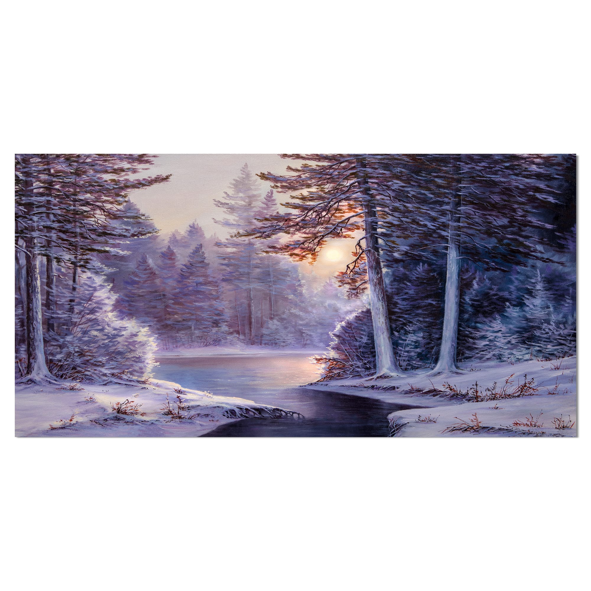 Designart - Winter Forest with the River in Frosty Day - Landscapes Painting Print on Wrapped Canvas