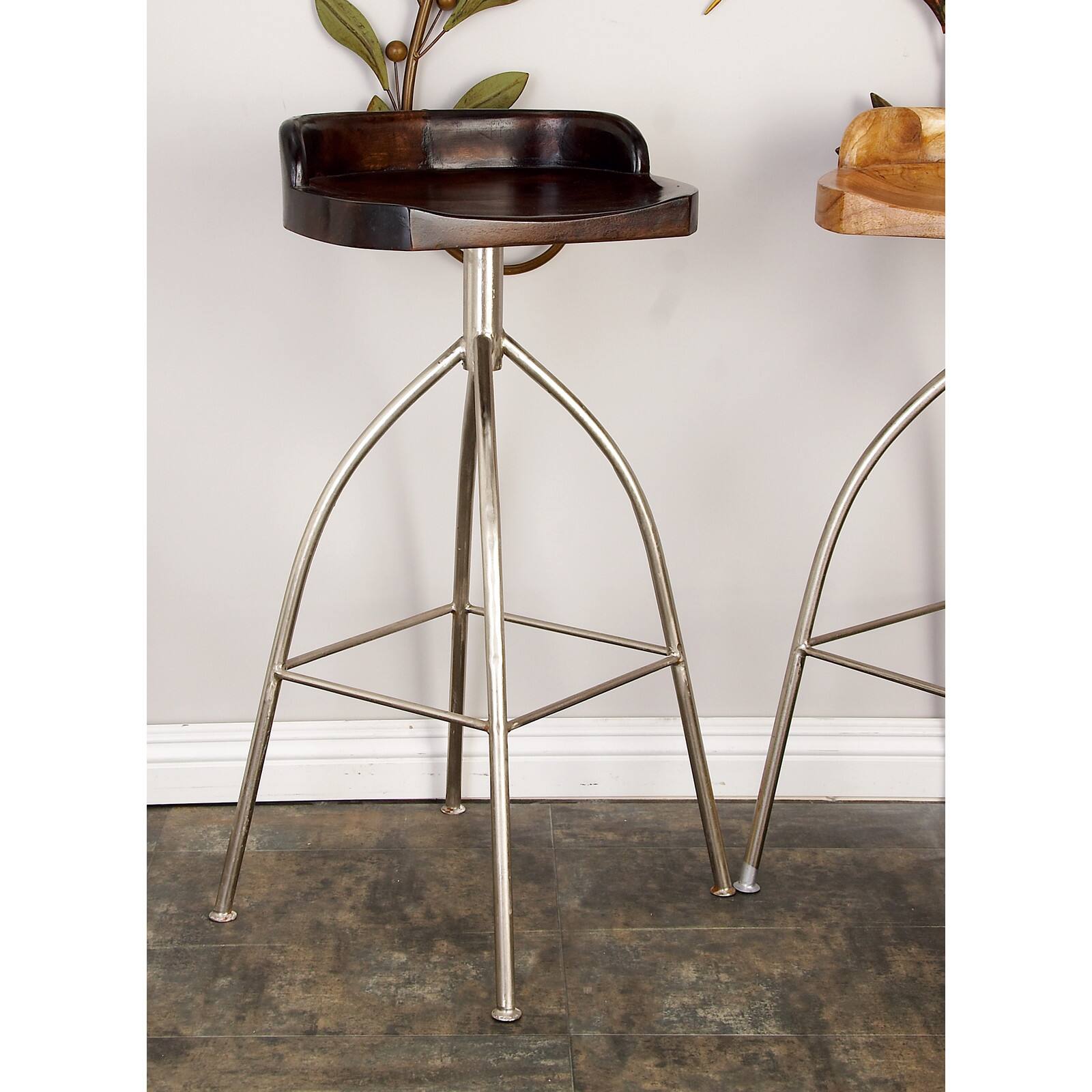 Brown Iron and Wood Contemporary Bar Stool, 33&#x22; x 16&#x22; x 12&#x22;
