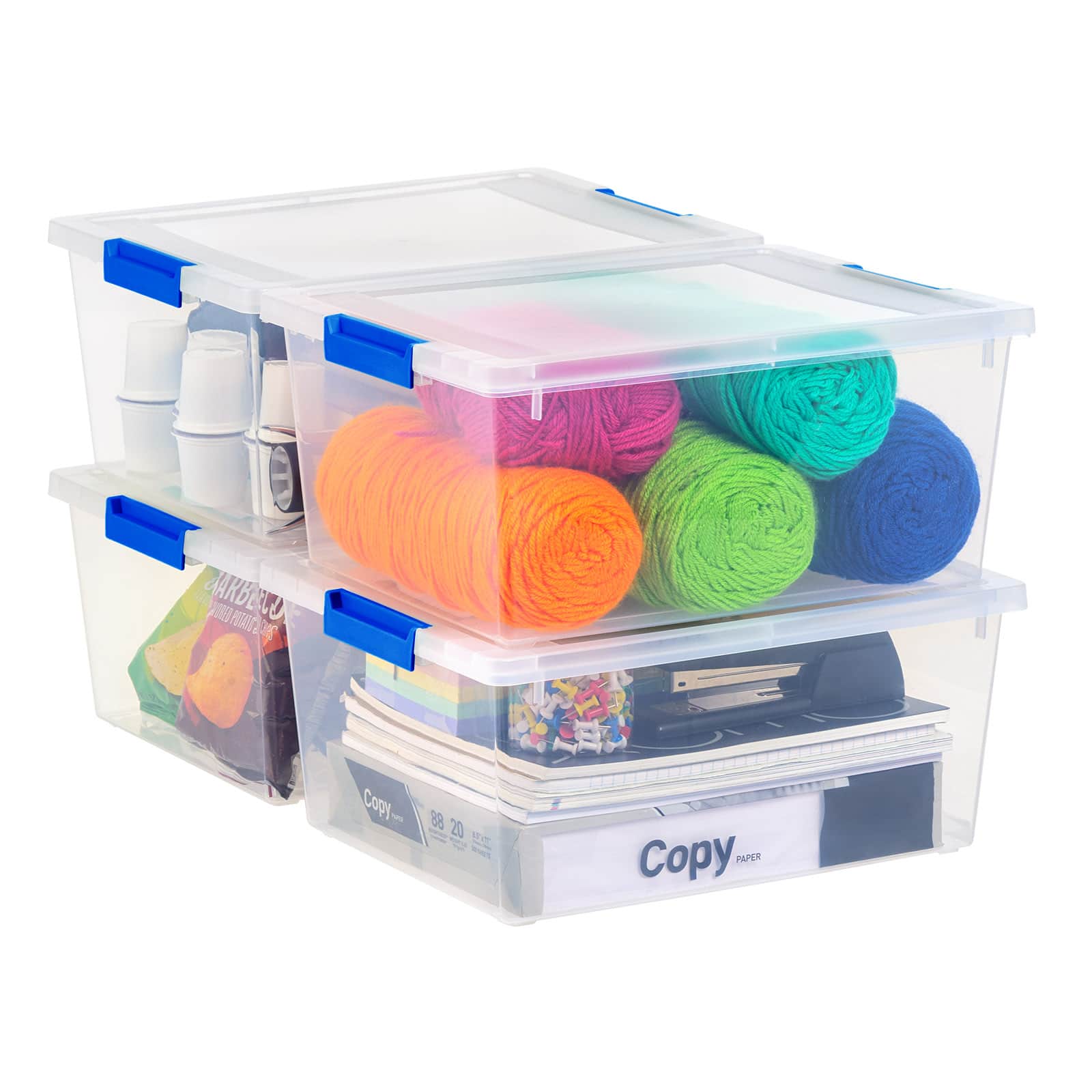 IRIS® 12qt. Clear Deep Storage Boxes with Lids & Blue Latches, 4ct.