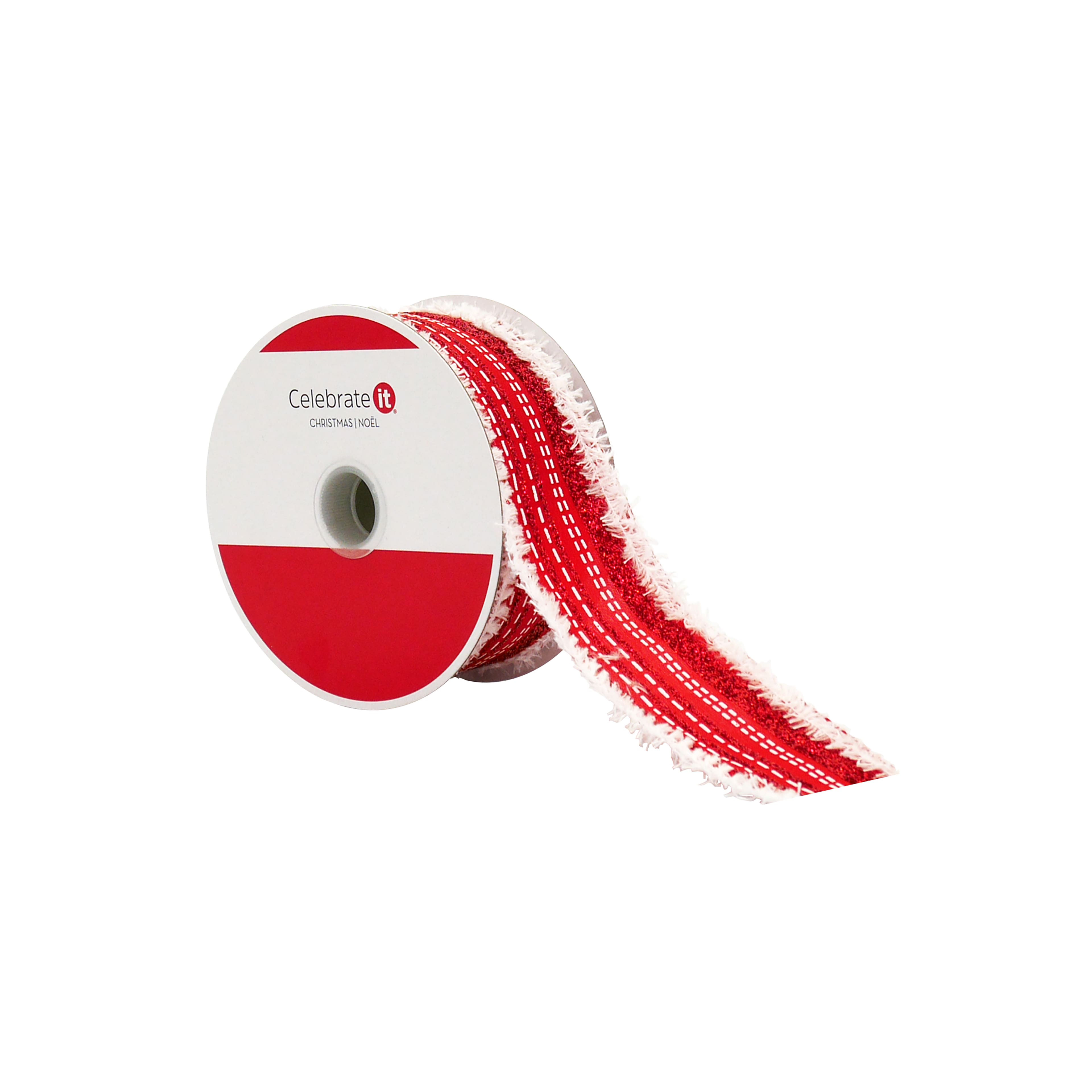 1.5&#x22; x 30ft. Red Tinsel Stripes Wired Ribbon by Celebrate It&#xAE;