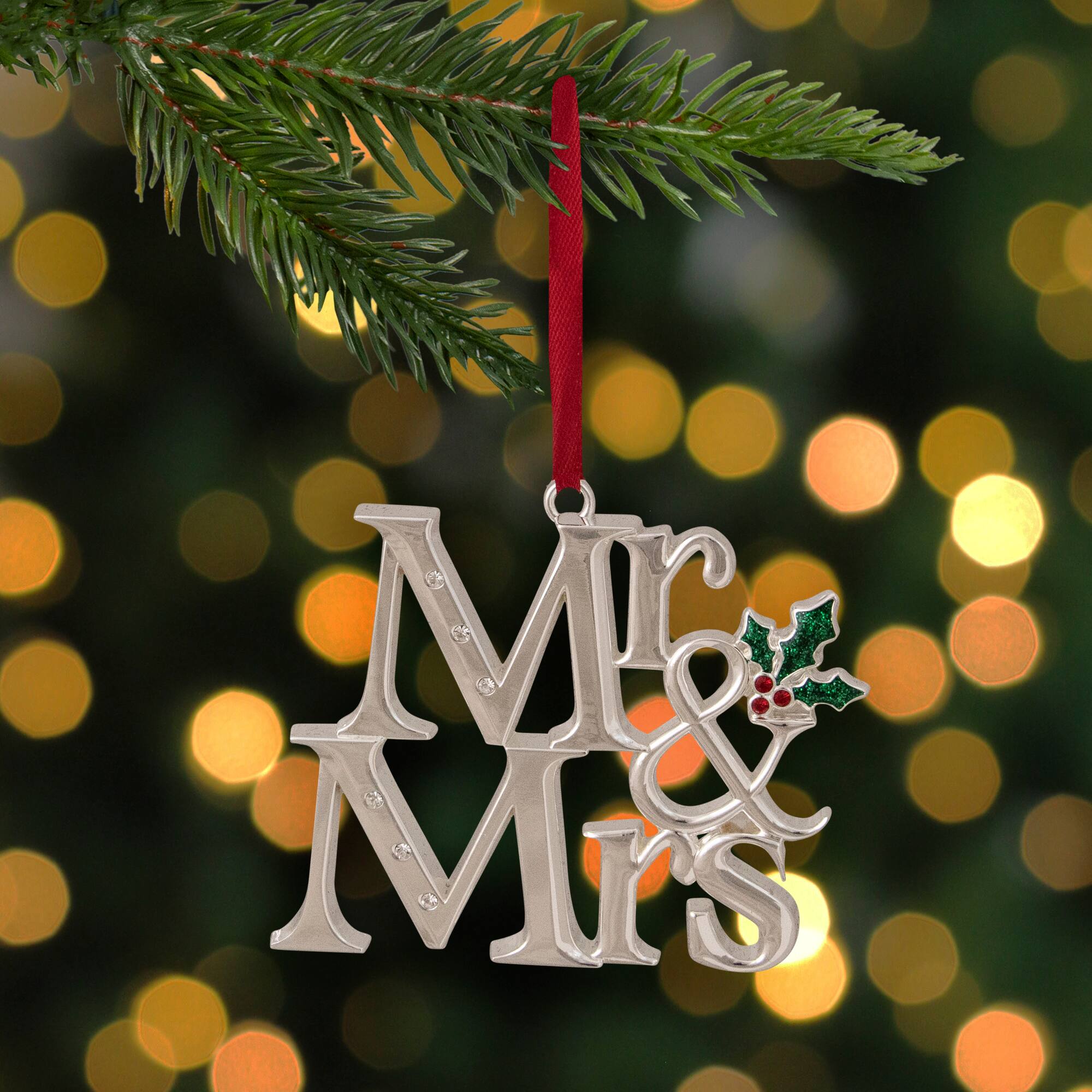 3.75" Silver "Mr & Mrs" with Holly Leaves Ornament