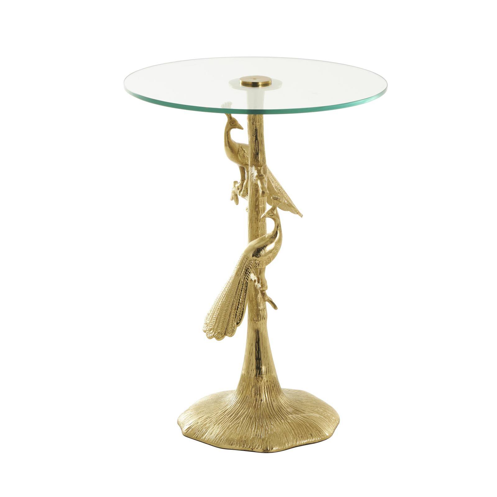 22.25" Gold Aluminum Peacock Textured Accent Table with Glass Tabletop