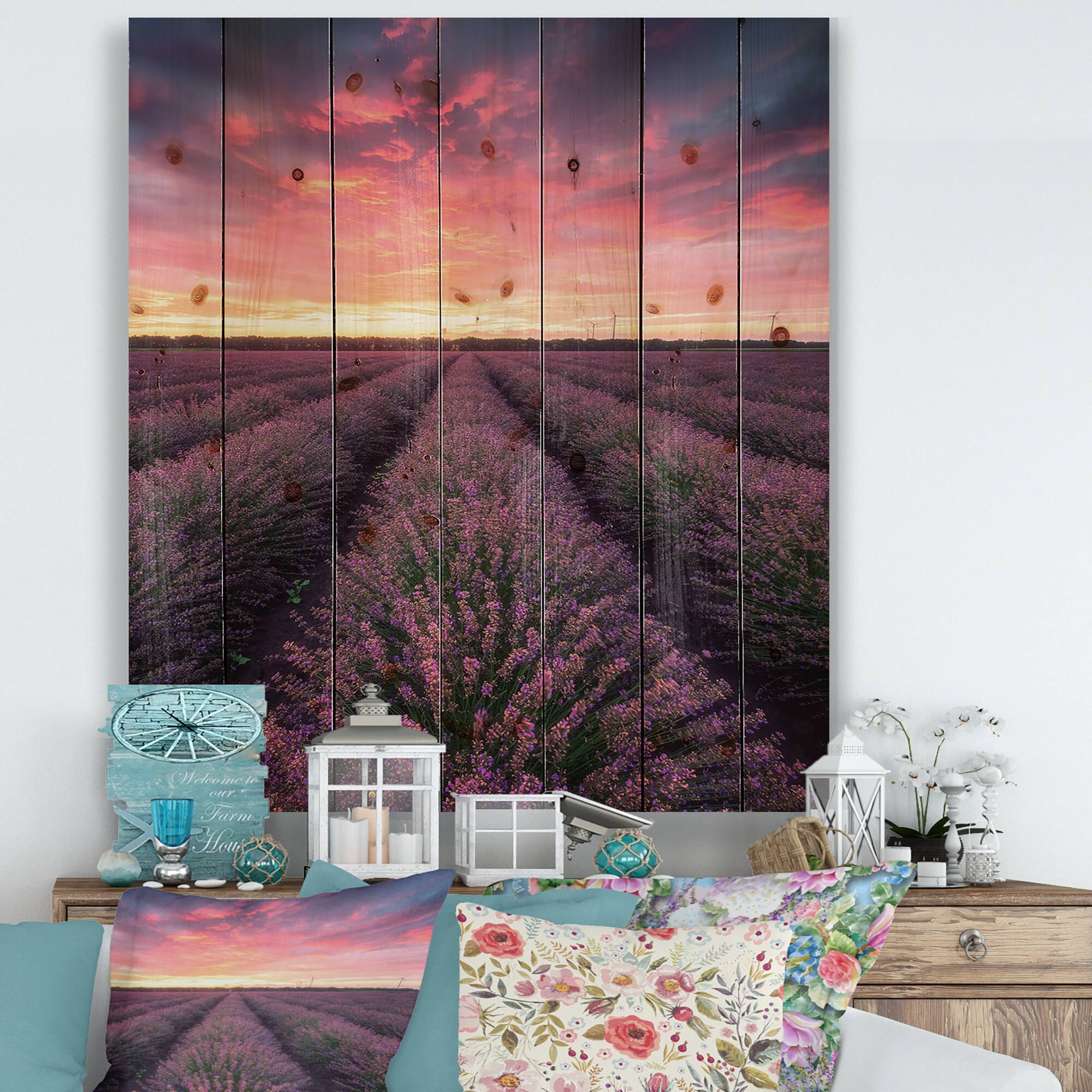 Designart - Sunrise &#x26; Dramatic Clouds Over Lavender Field XIV - Farmhouse Print on Natural Pine Wood