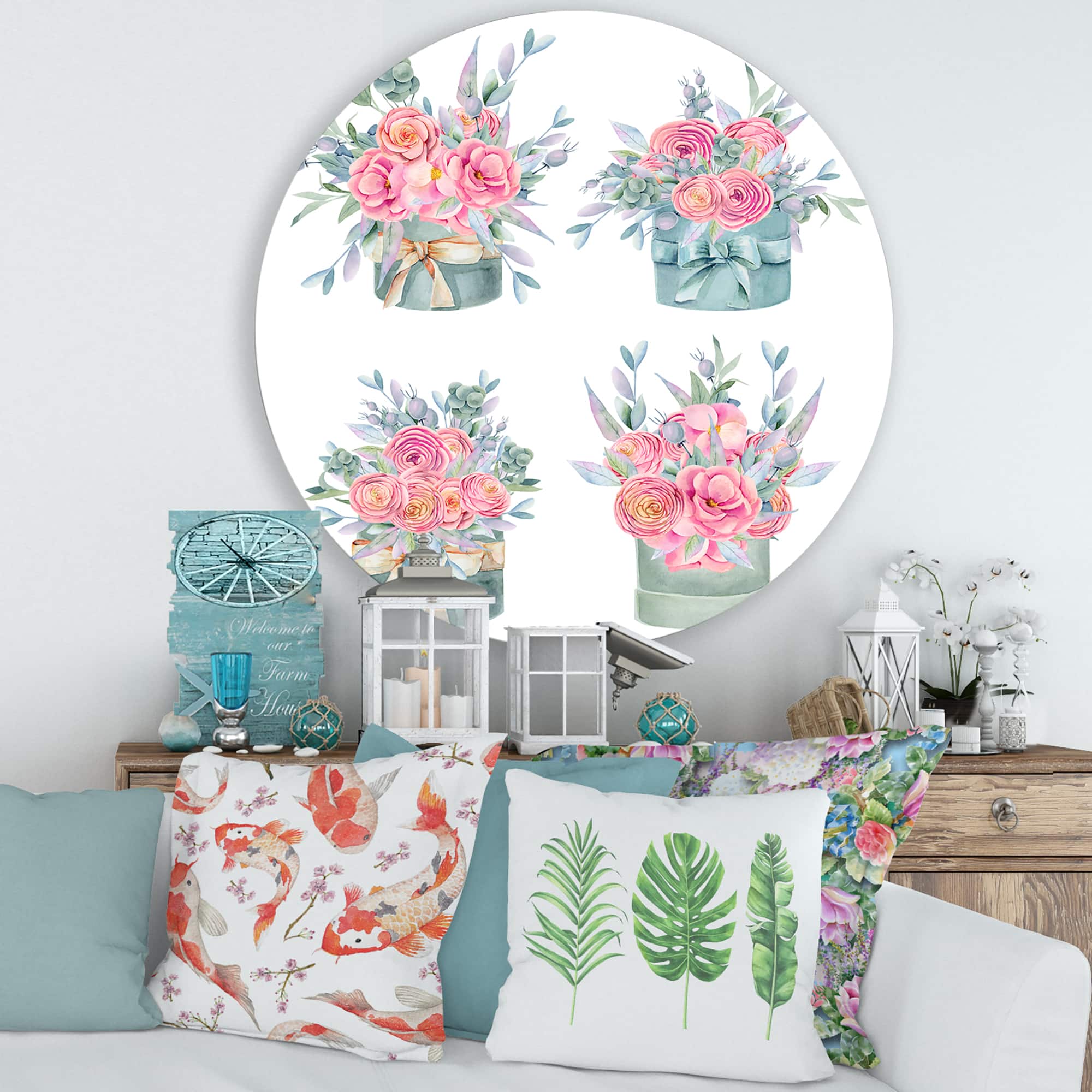 Designart - Collection of Pink Roses - Farmhouse Metal Circle Wall Art