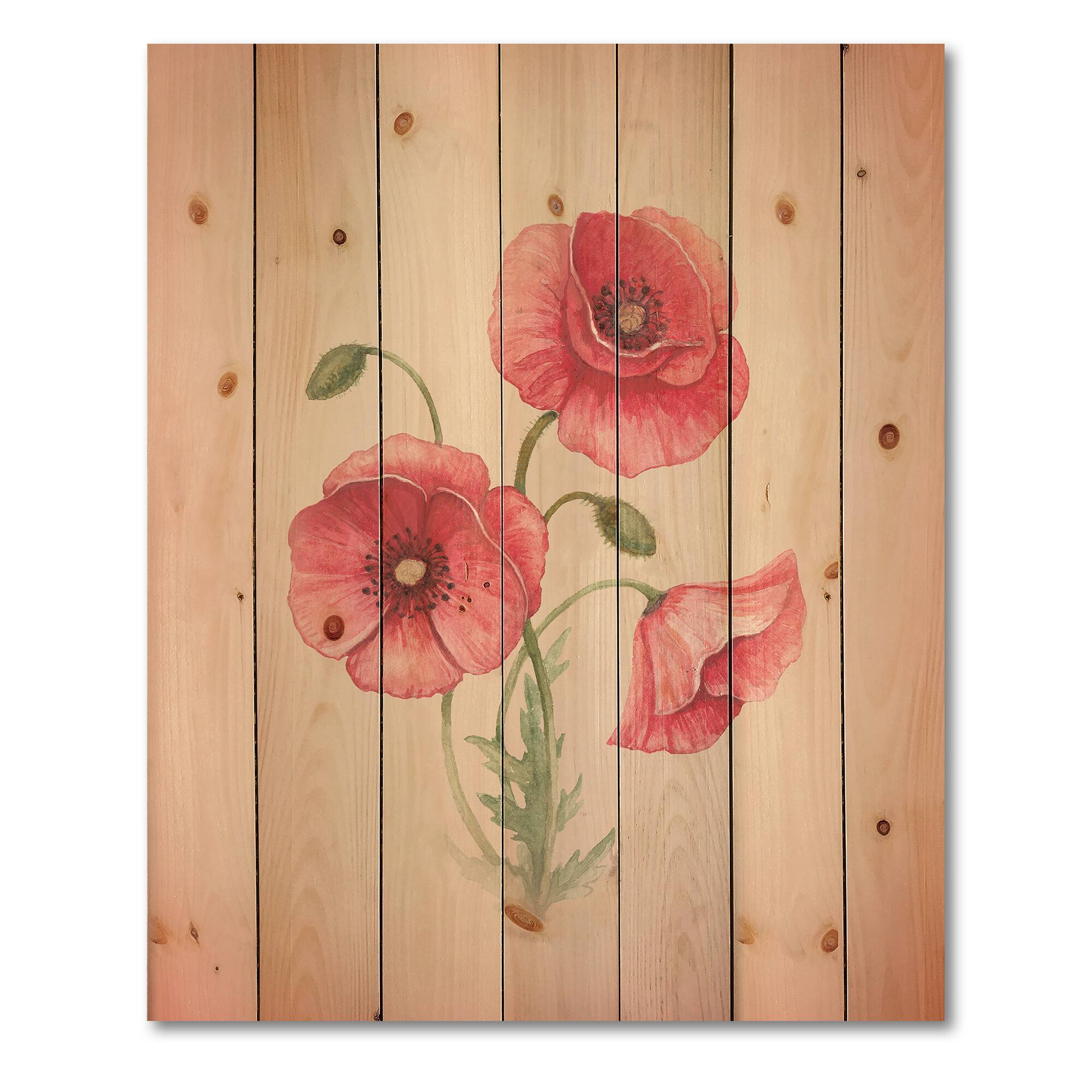 Designart - Retro Poppy Flowers - Vintage Print on Natural Pine Wood
