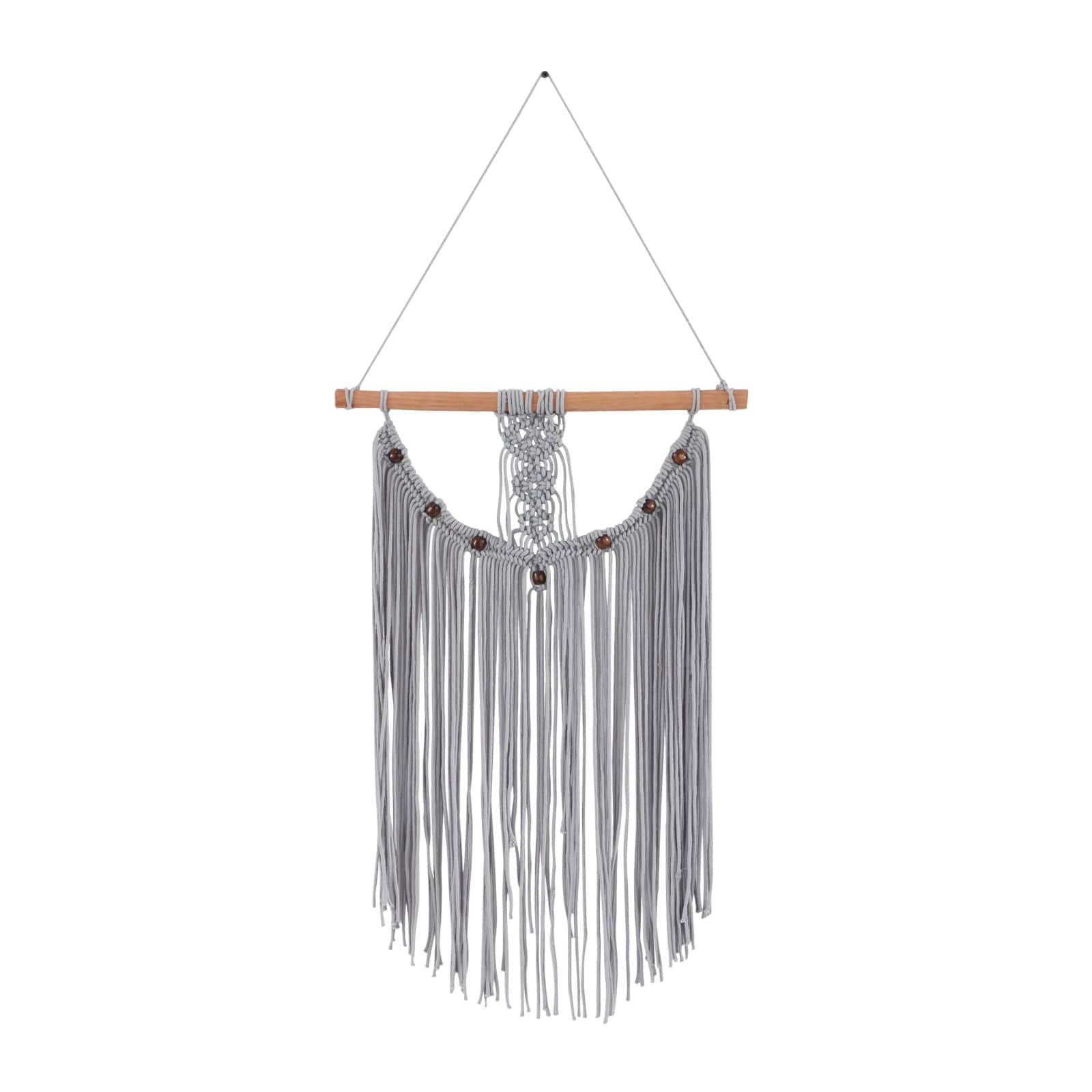 Gray Cotton Intricately Weaved Macrame Wall Decor with Beaded Fringe Tassels 20&#x22; x 1&#x22; x 44&#x22;